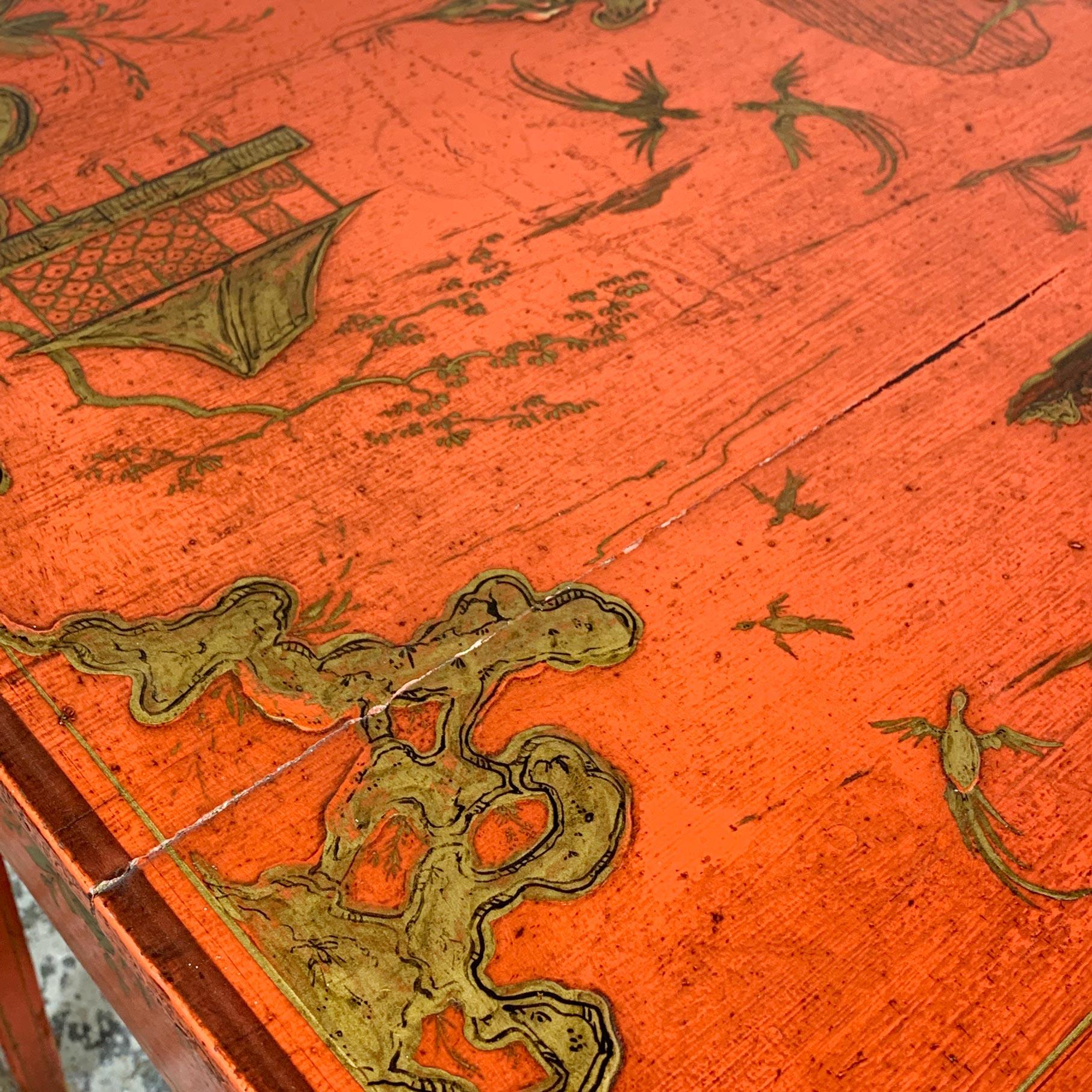 George III Red Japanned Writing Desk/Side Table with Chinoiserie Scenes For Sale 9