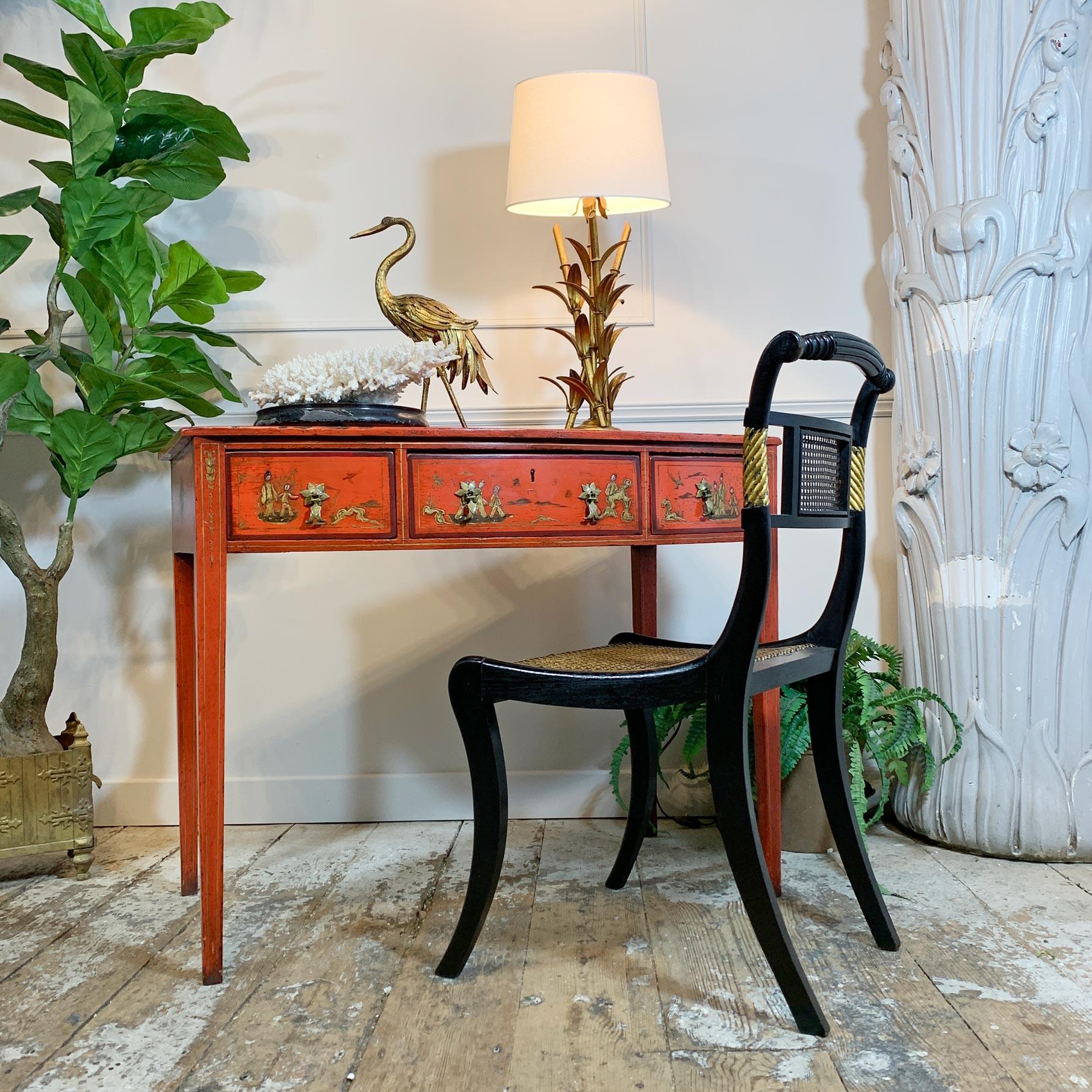Hand-Crafted George III Red Japanned Writing Desk/Side Table with Chinoiserie Scenes For Sale