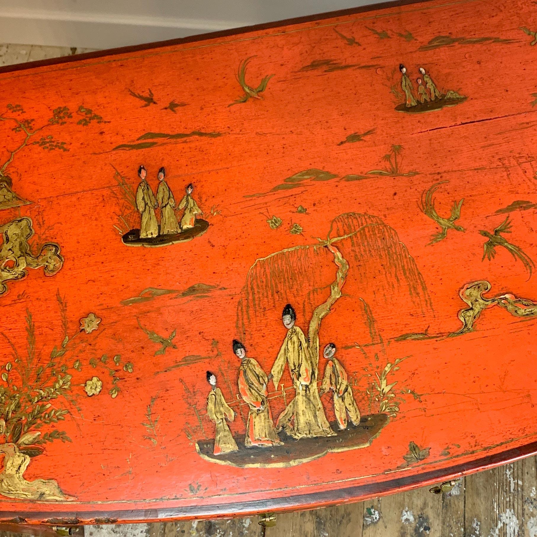 Late 18th Century George III Red Japanned Writing Desk/Side Table with Chinoiserie Scenes For Sale