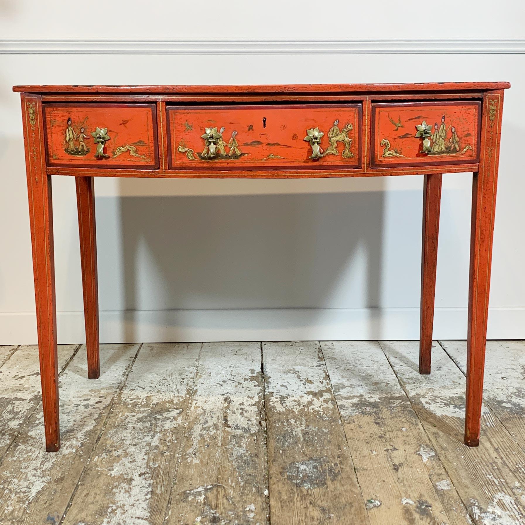 Wood George III Red Japanned Writing Desk/Side Table with Chinoiserie Scenes For Sale