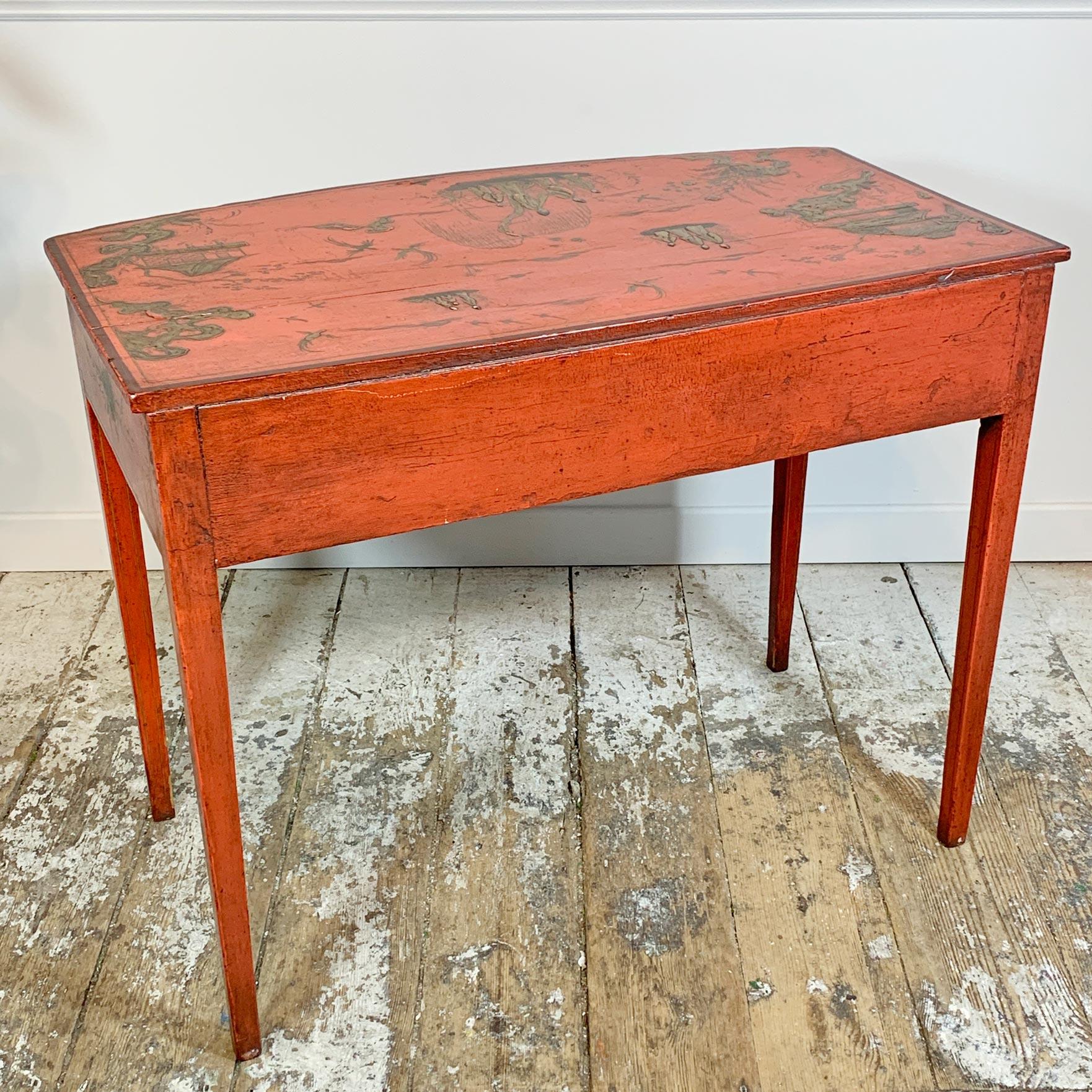 George III Red Japanned Writing Desk/Side Table with Chinoiserie Scenes For Sale 2