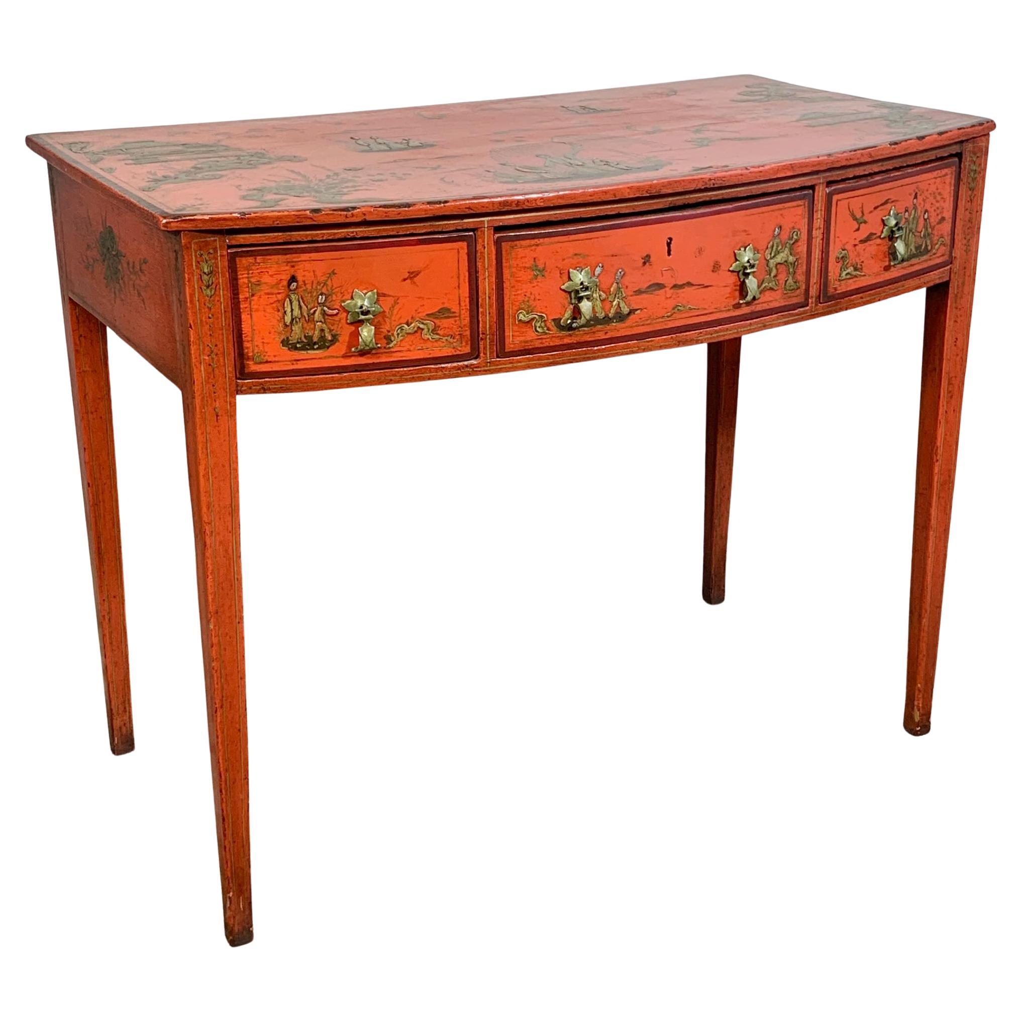 George III Red Japanned Writing Desk/Side Table with Chinoiserie Scenes For Sale