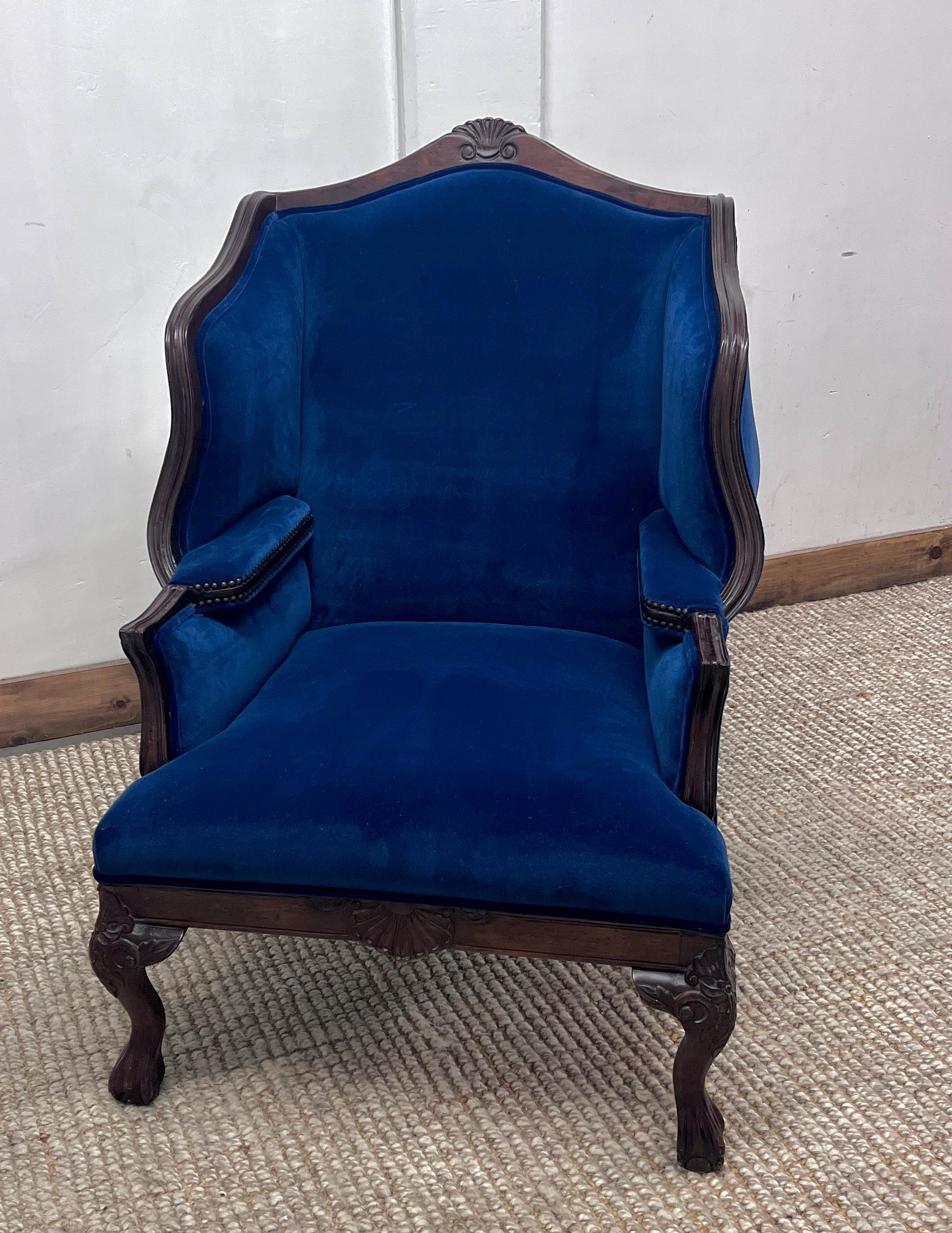 Hand-Carved French Baroque or Regence Style Wingback in Blue Mohair with Bronze Details For Sale