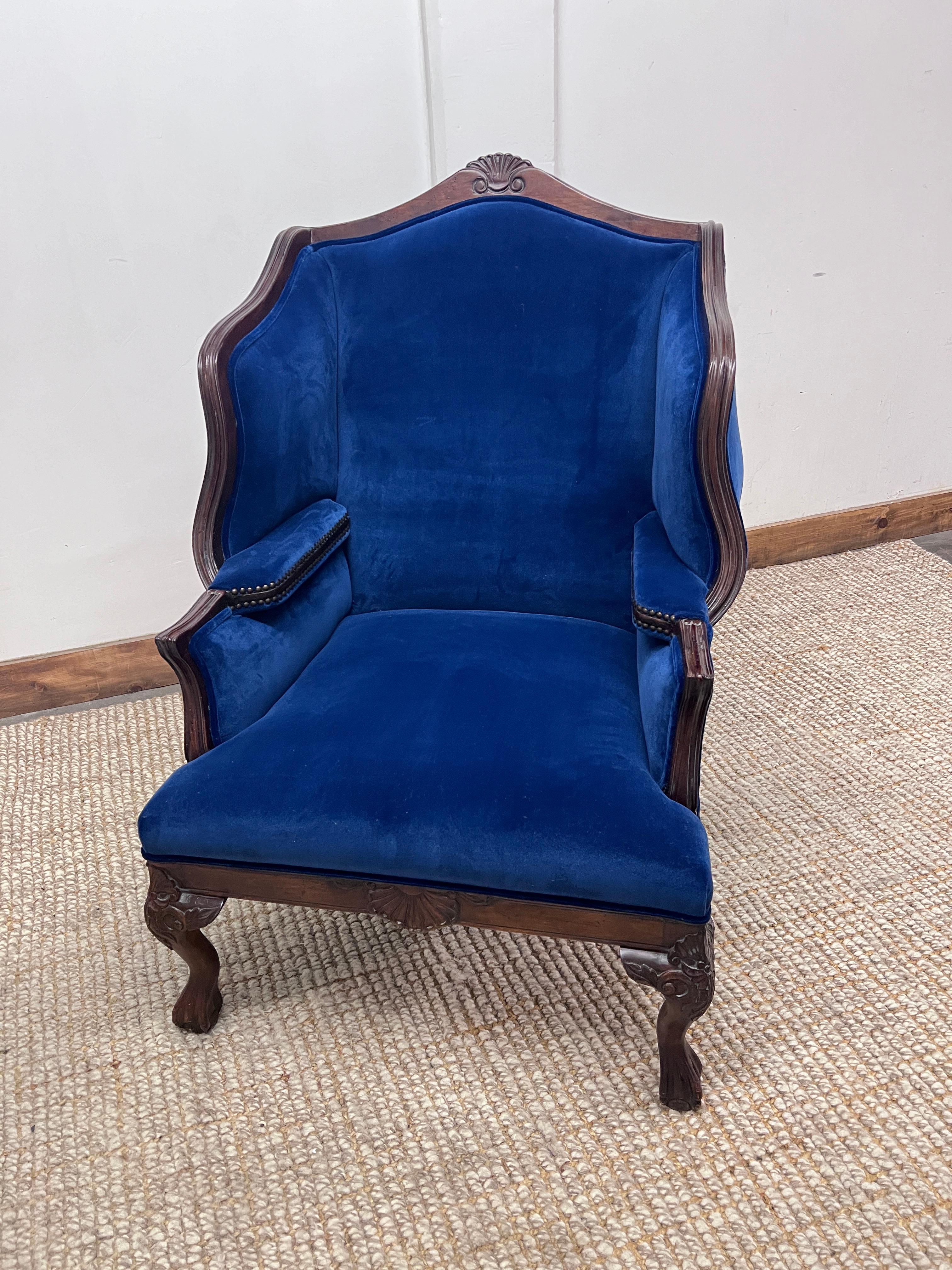 French Baroque or Regence Style Wingback in Blue Mohair with Bronze Details In Good Condition For Sale In Los Angeles, CA
