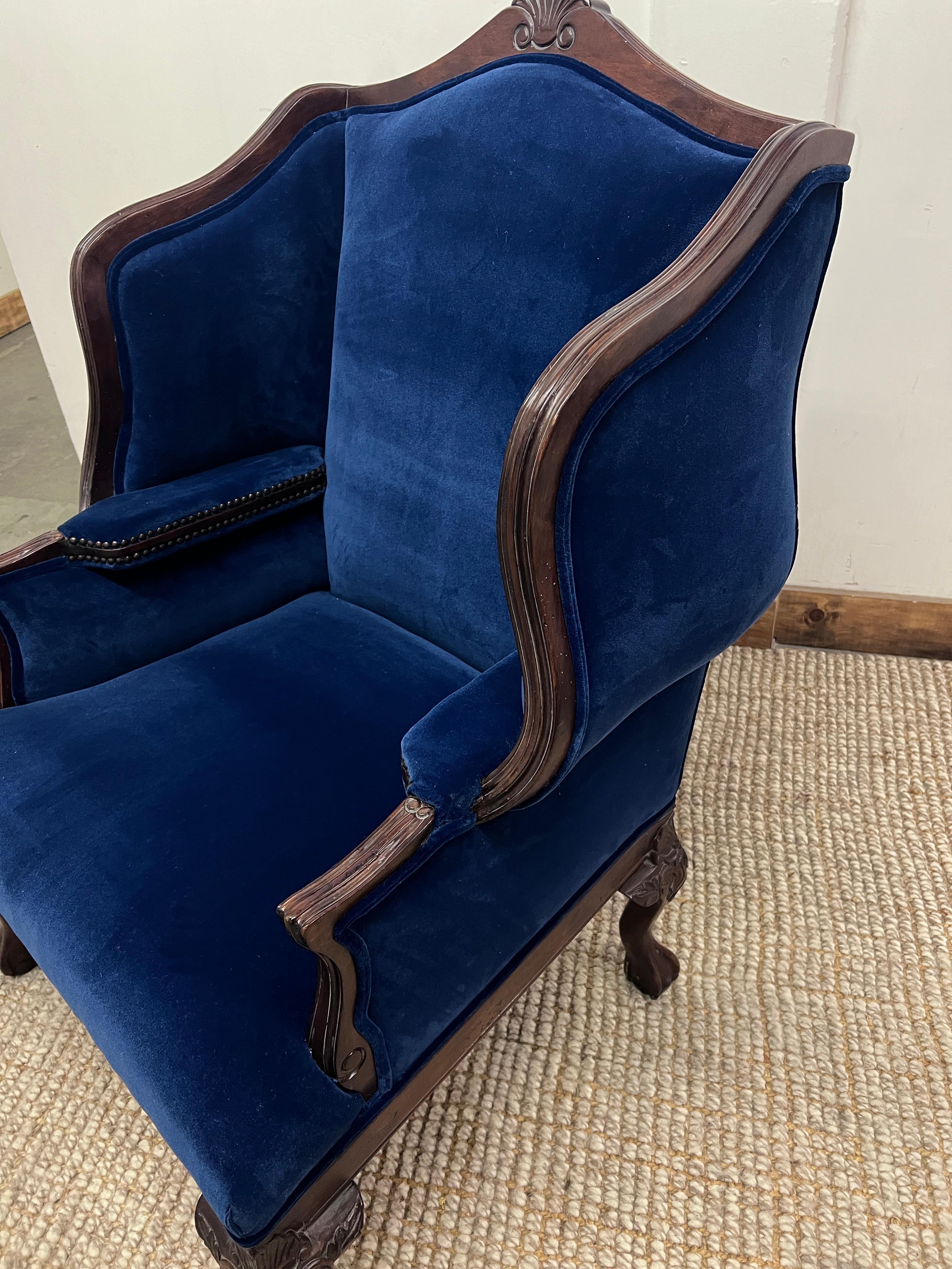 French Baroque or Regence Style Wingback in Blue Mohair with Bronze Details For Sale 1