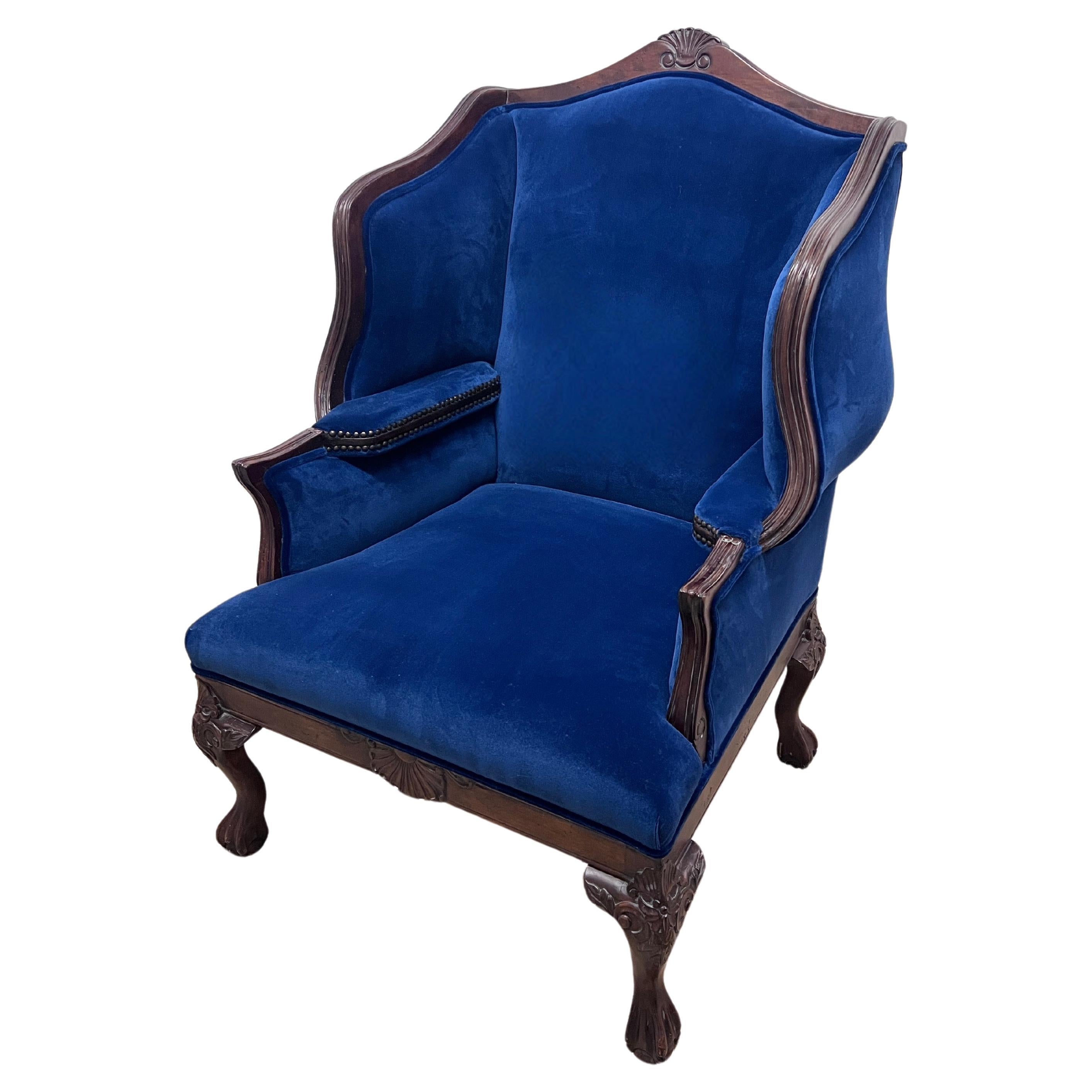 French Baroque or Regence Style Wingback in Blue Mohair with Bronze Details