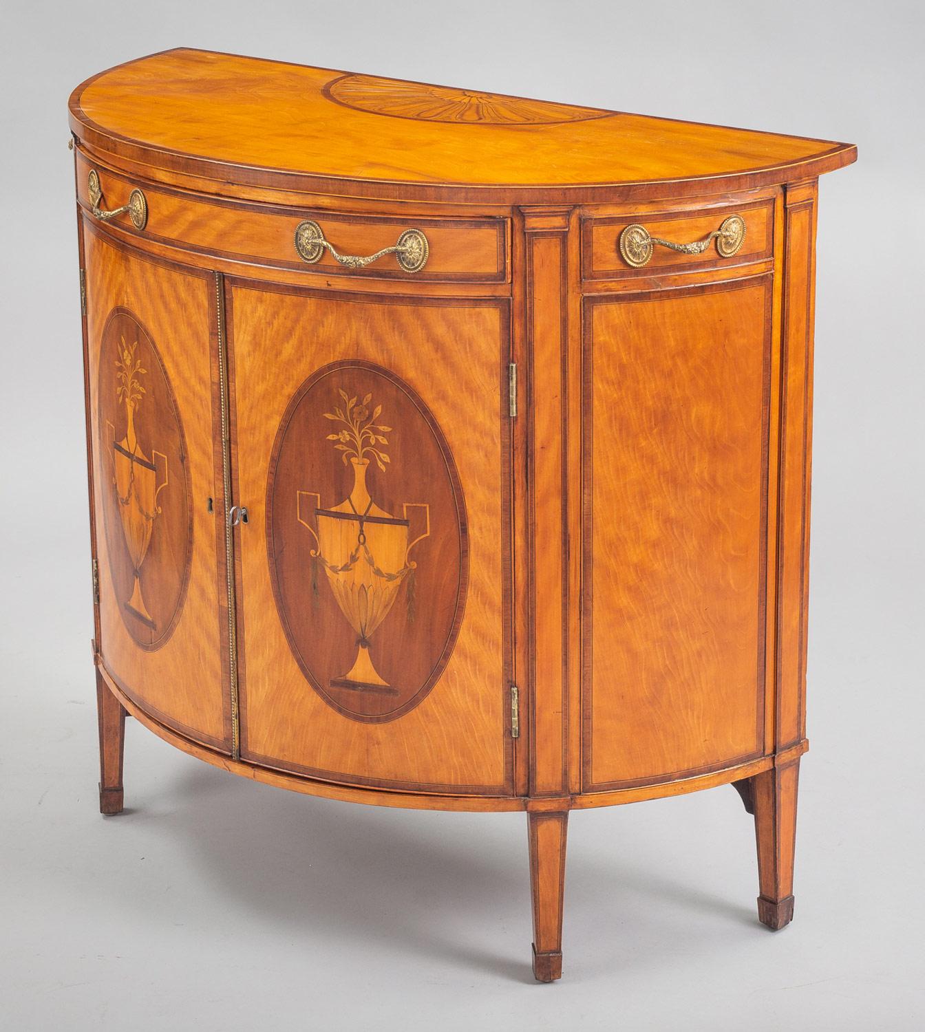 English George III Satinwood Demilune Console Cabinet, circa 1790 For Sale