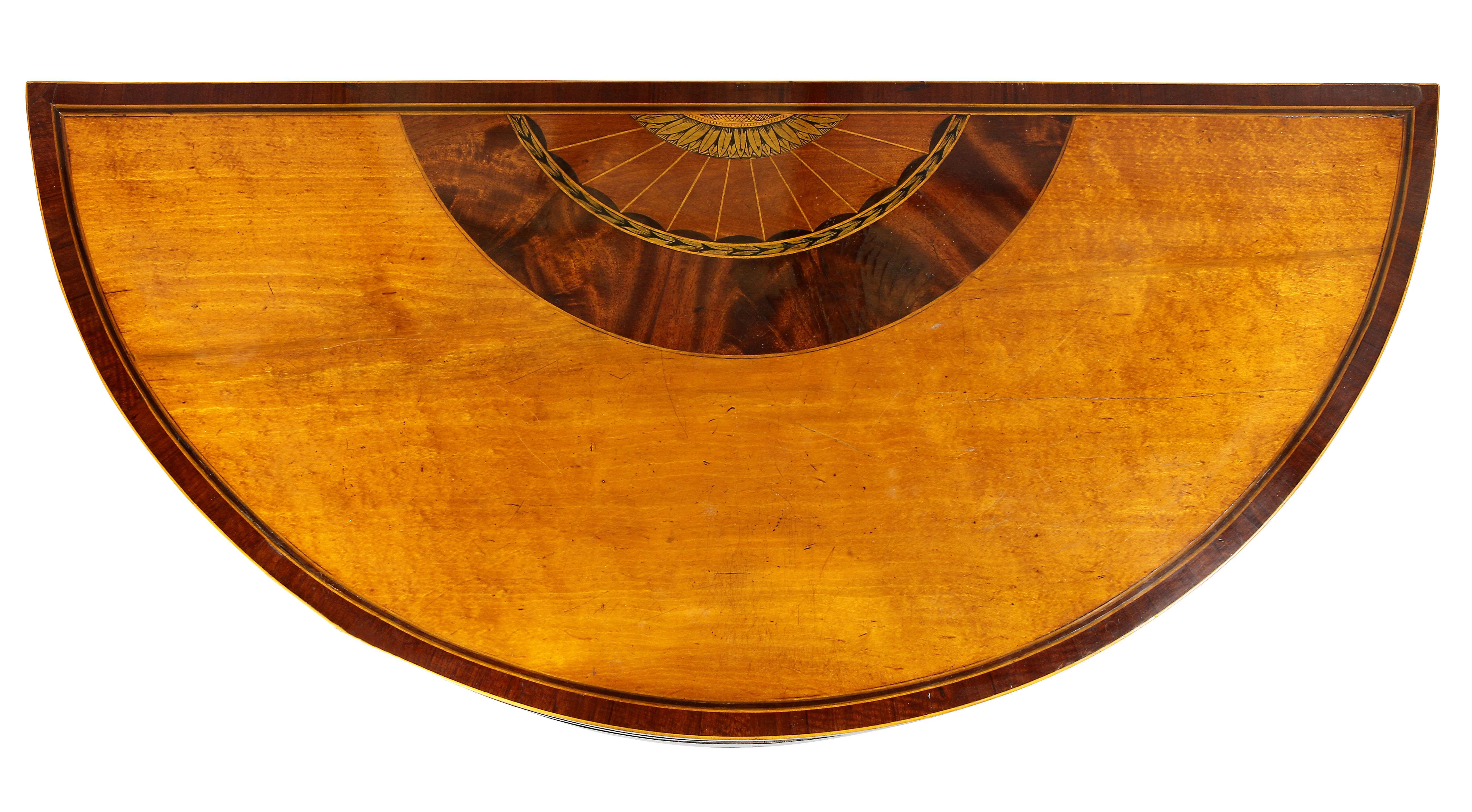 Hinged demilune with crossbanded edge and inner fan inlay, frieze with similar inlay raised on square tapered legs.