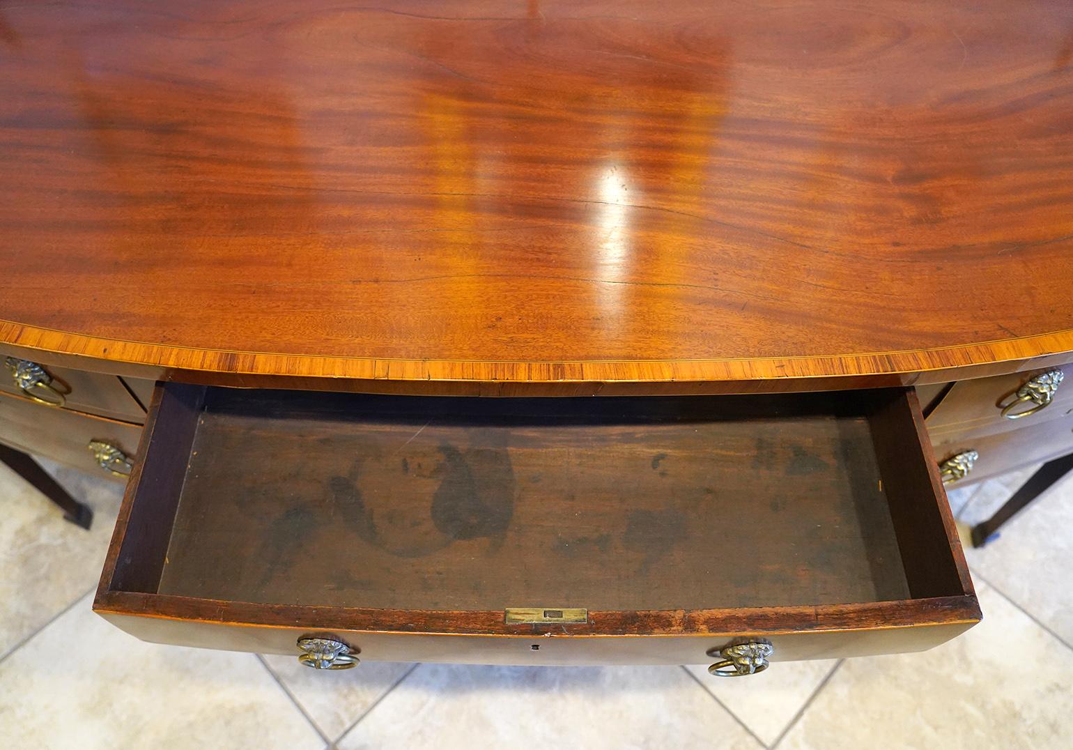 Brass George III Satinwood Inlaid Mahogany Bow Front Sideboard with Rail, Circa 1810