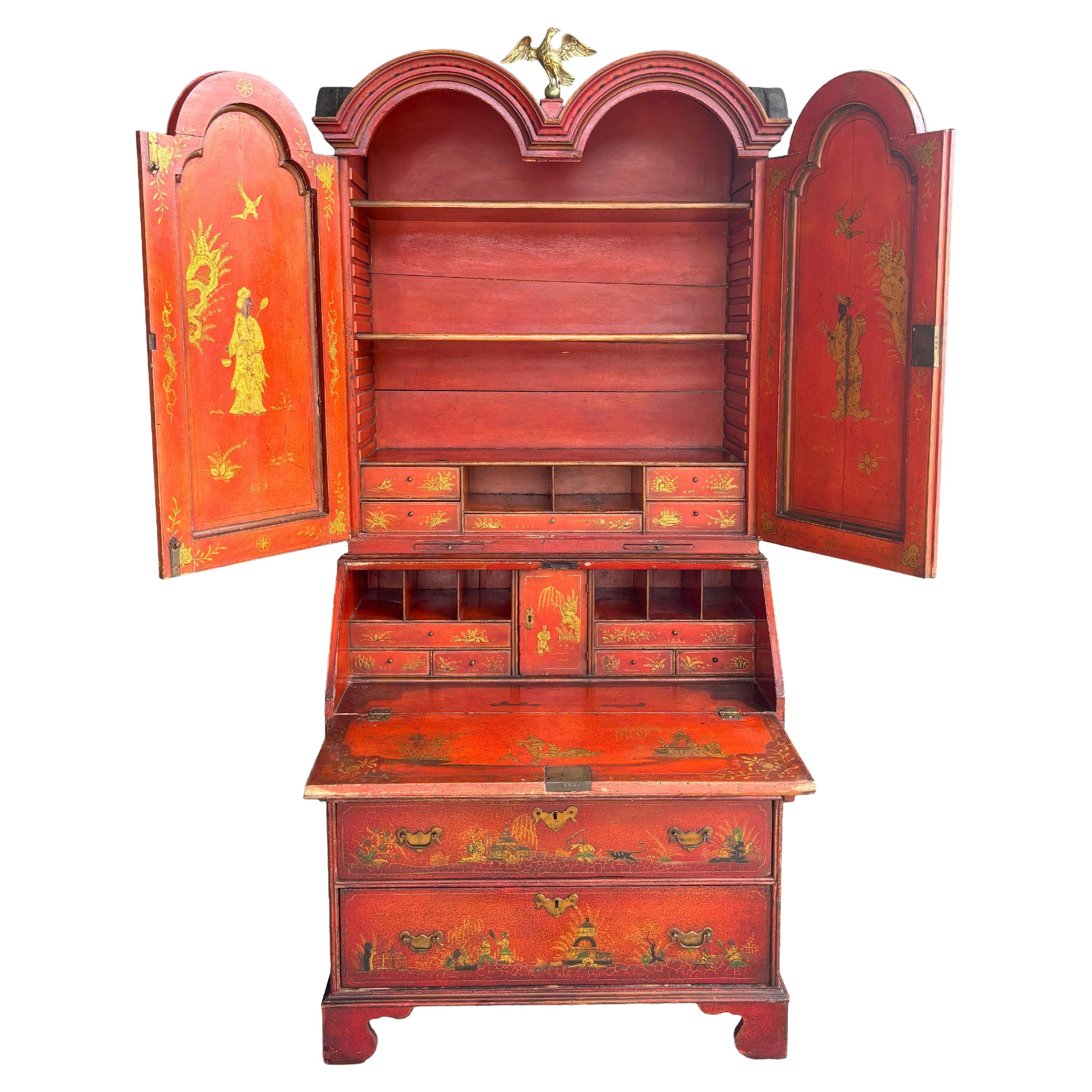 George III Scarlet Japanned Bureau Bookcase