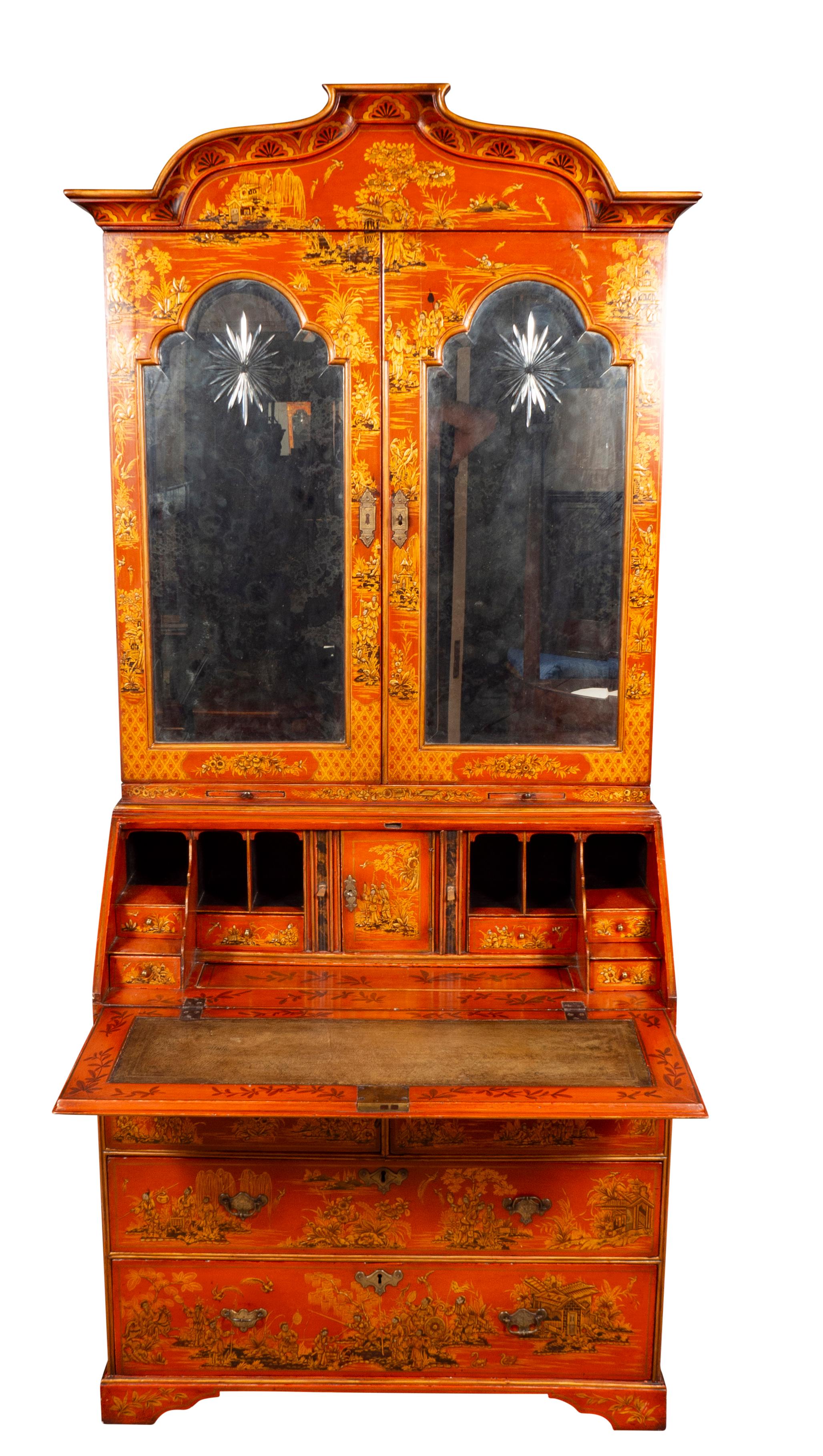 Leather George III Scarlet Japanned Secretary Cabinet For Sale