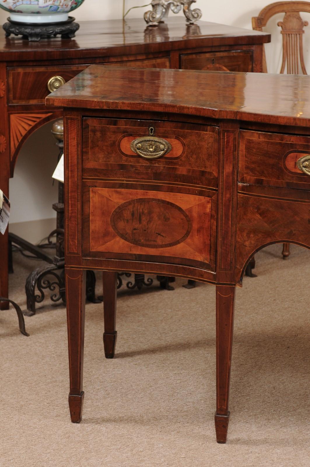 English George III Serpentine Mahogany & Satinwood Inlaid Sideboard, ca. 1800