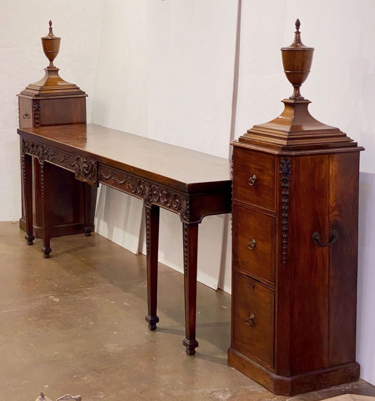 Adam Style George III Serving Table or Console Server with Matching Pedestals of Mahogany For Sale