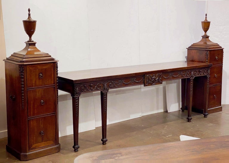 English George III Serving Table or Console Server with Matching Pedestals of Mahogany For Sale