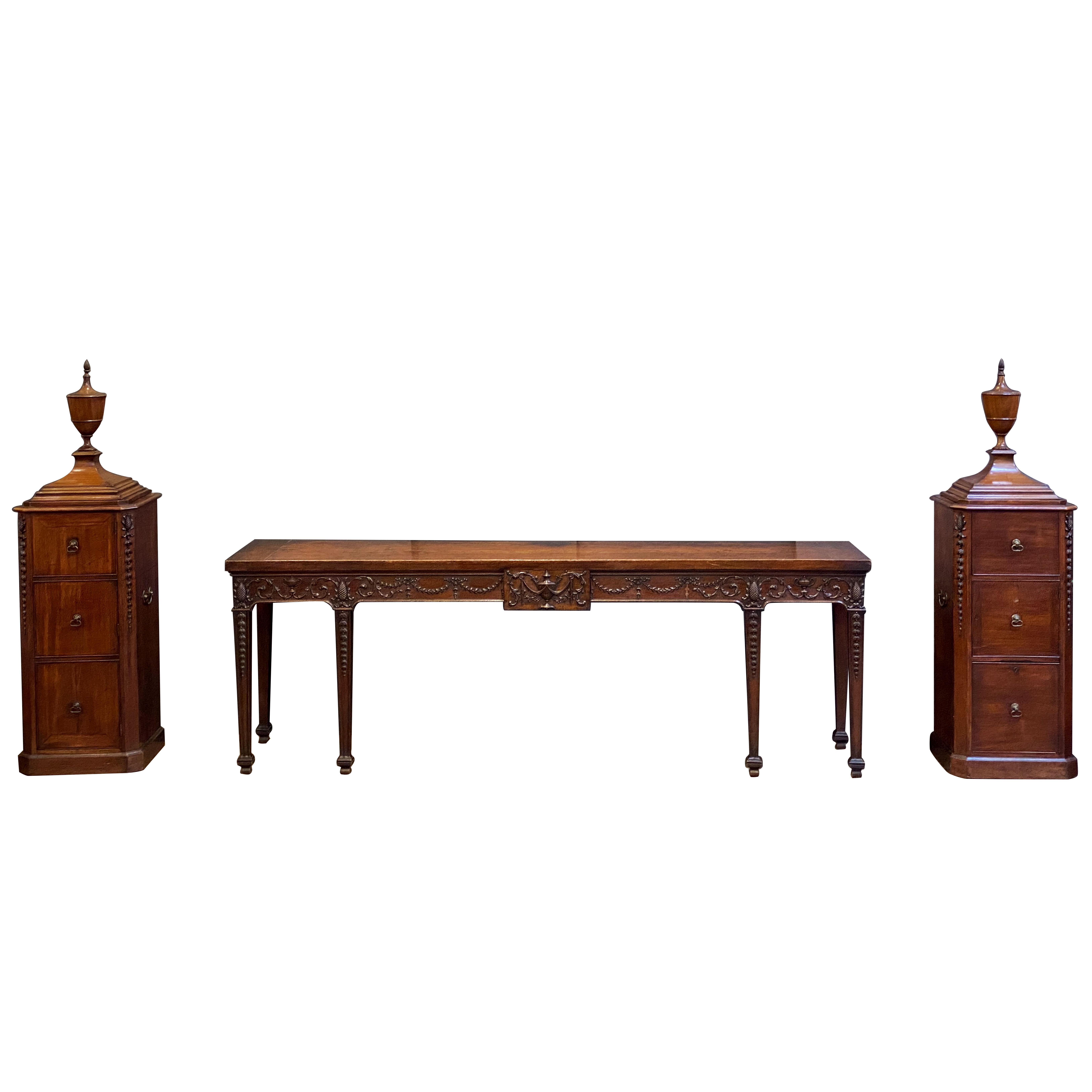 George III Serving Table or Console Server with Matching Pedestals of Mahogany