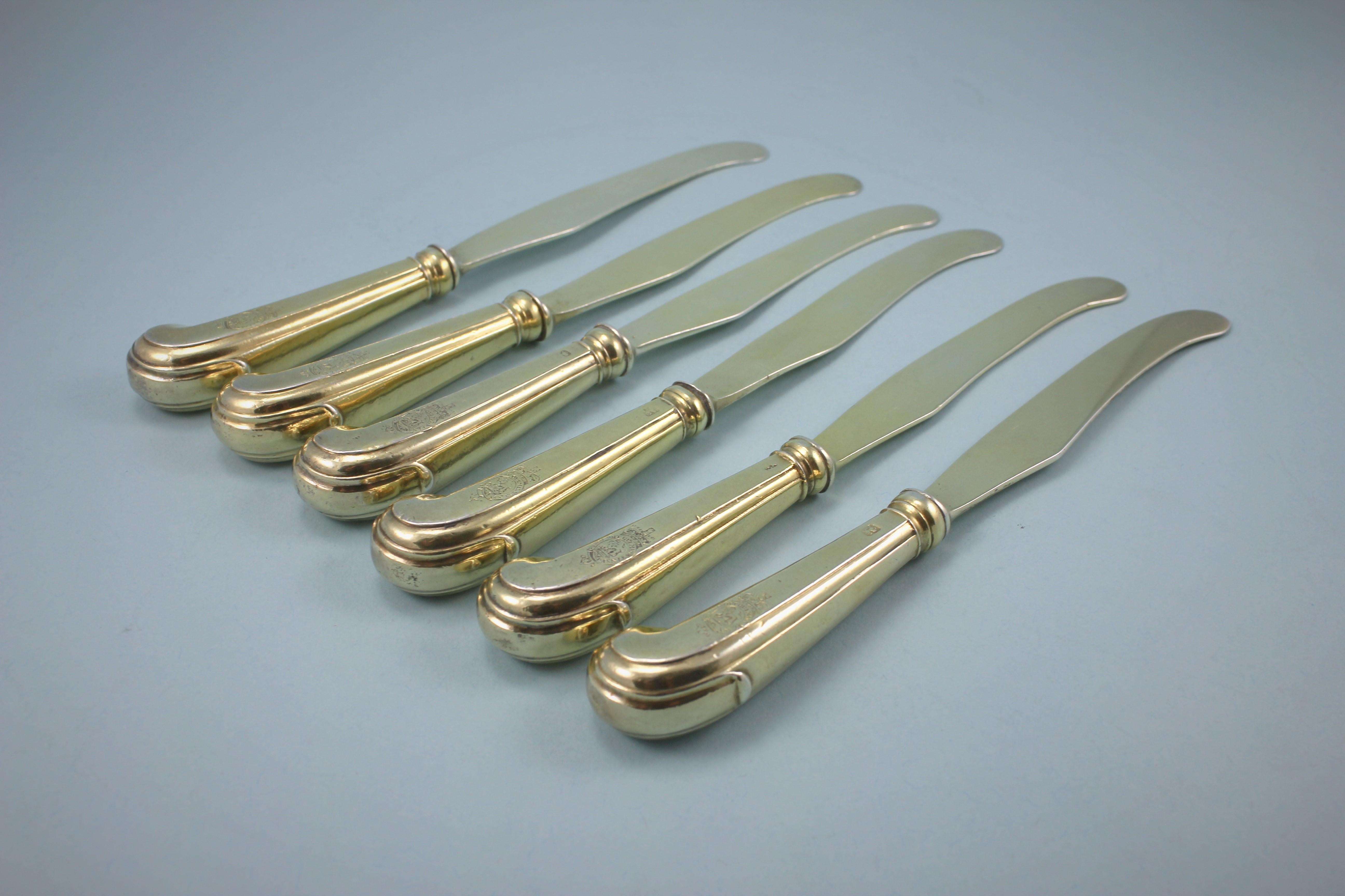 English George III Set of 6 Silver Gilt Dessert Knives by William Abdy, circa 1765 For Sale