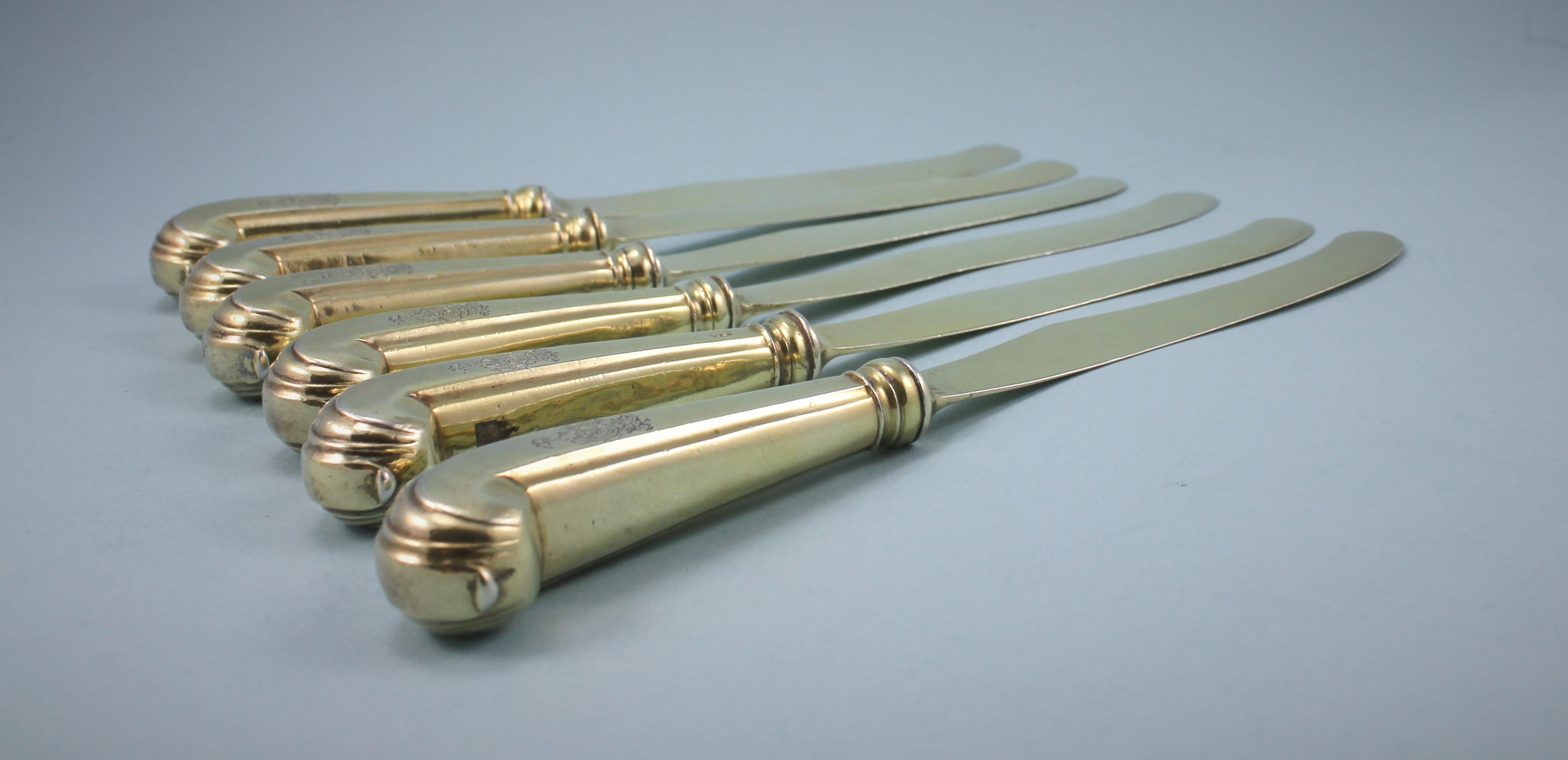 George III Set of 6 Silver Gilt Dessert Knives by William Abdy, circa 1765 For Sale 2