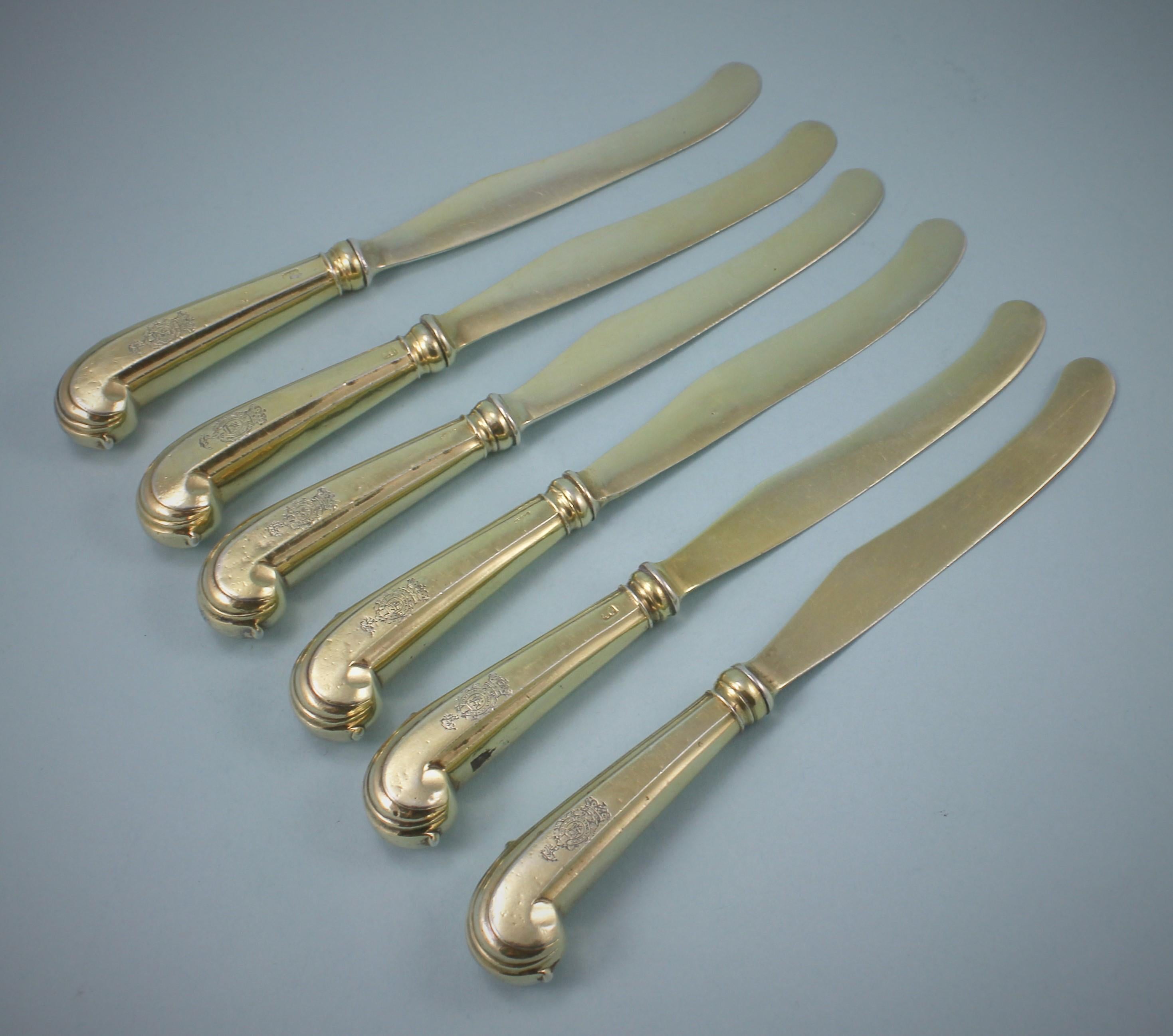 George III Set of 6 Silver Gilt Dessert Knives by William Abdy, circa 1765 For Sale 3