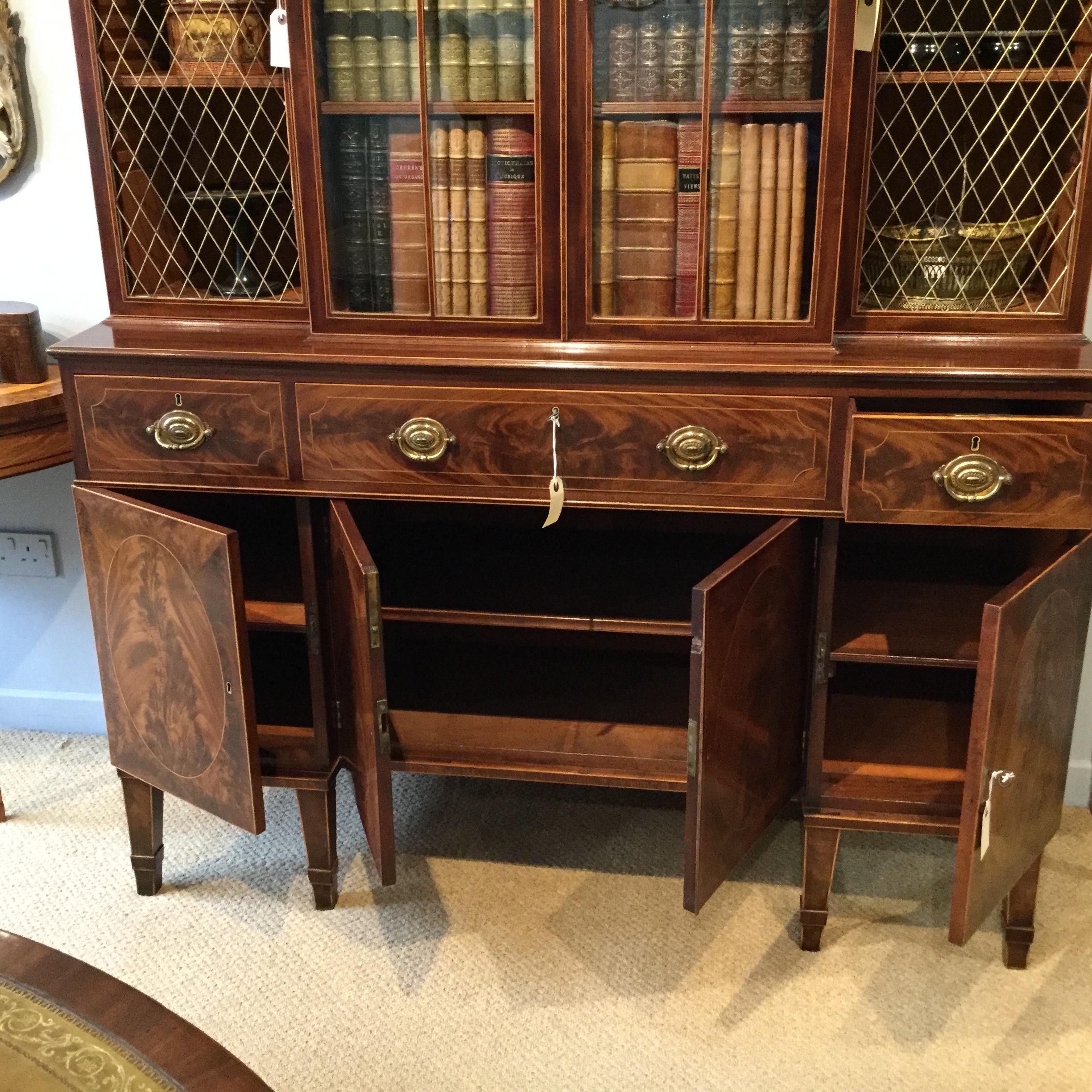 George III Sheraton Period Flamed Mahogany Breakfront Cabinet Bookcase For Sale 5
