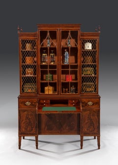 George III Sheraton Period Flamed Mahogany Breakfront Cabinet Bookcase