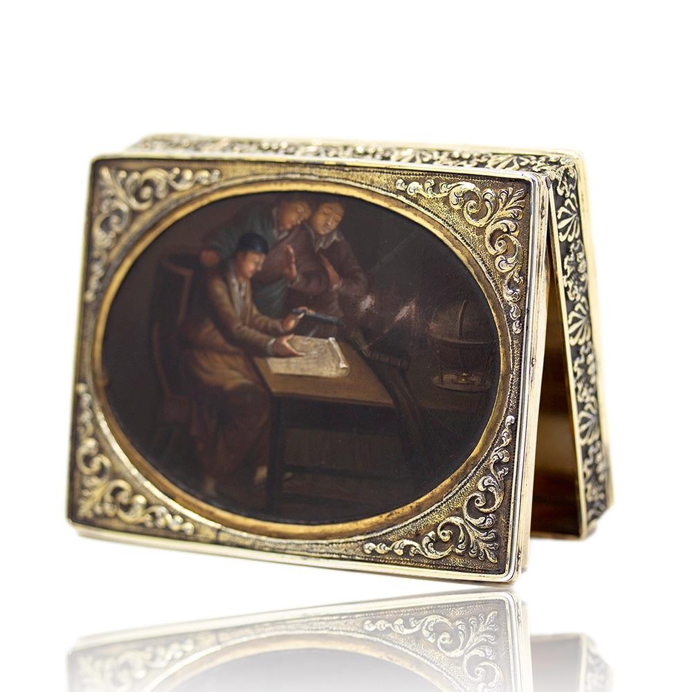 Fine & rare George III / Regency silver gilt rectangular table snuff box with painted panel. The snuff box of slender rectangular form with a beautifully formed banded shell & anthemions chased boarder around the outside. The hinged lid decorated
