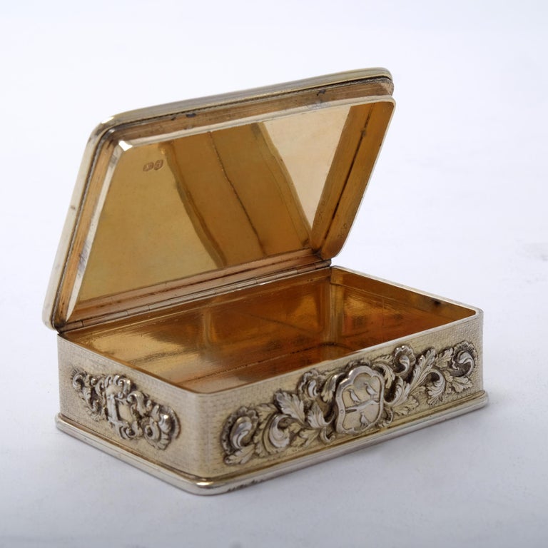 Early 19th Century George III Silver Gilt Snuff Box with Hunting Scene For Sale