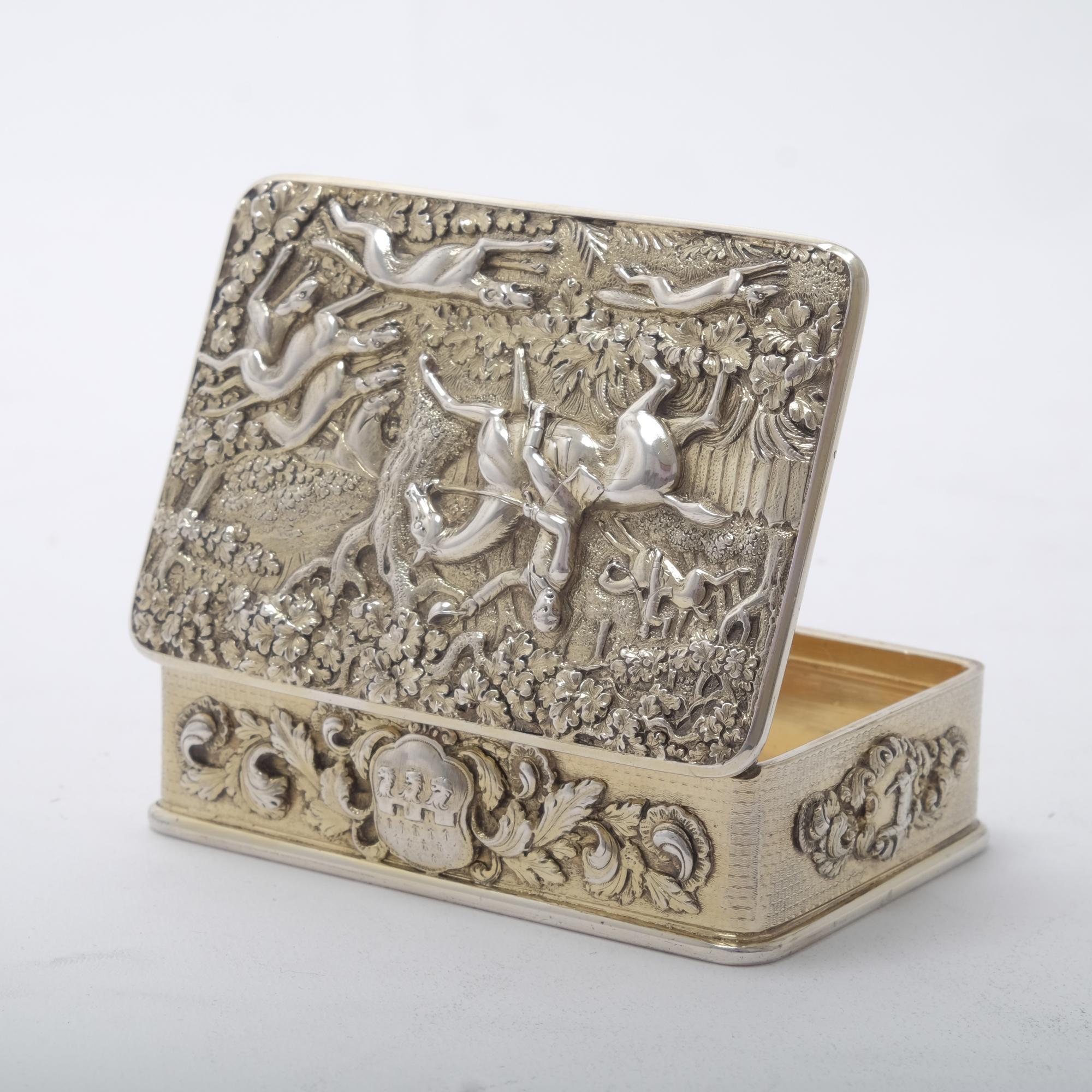 Early 19th Century George III Silver Gilt Snuff Box with Hunting Scene