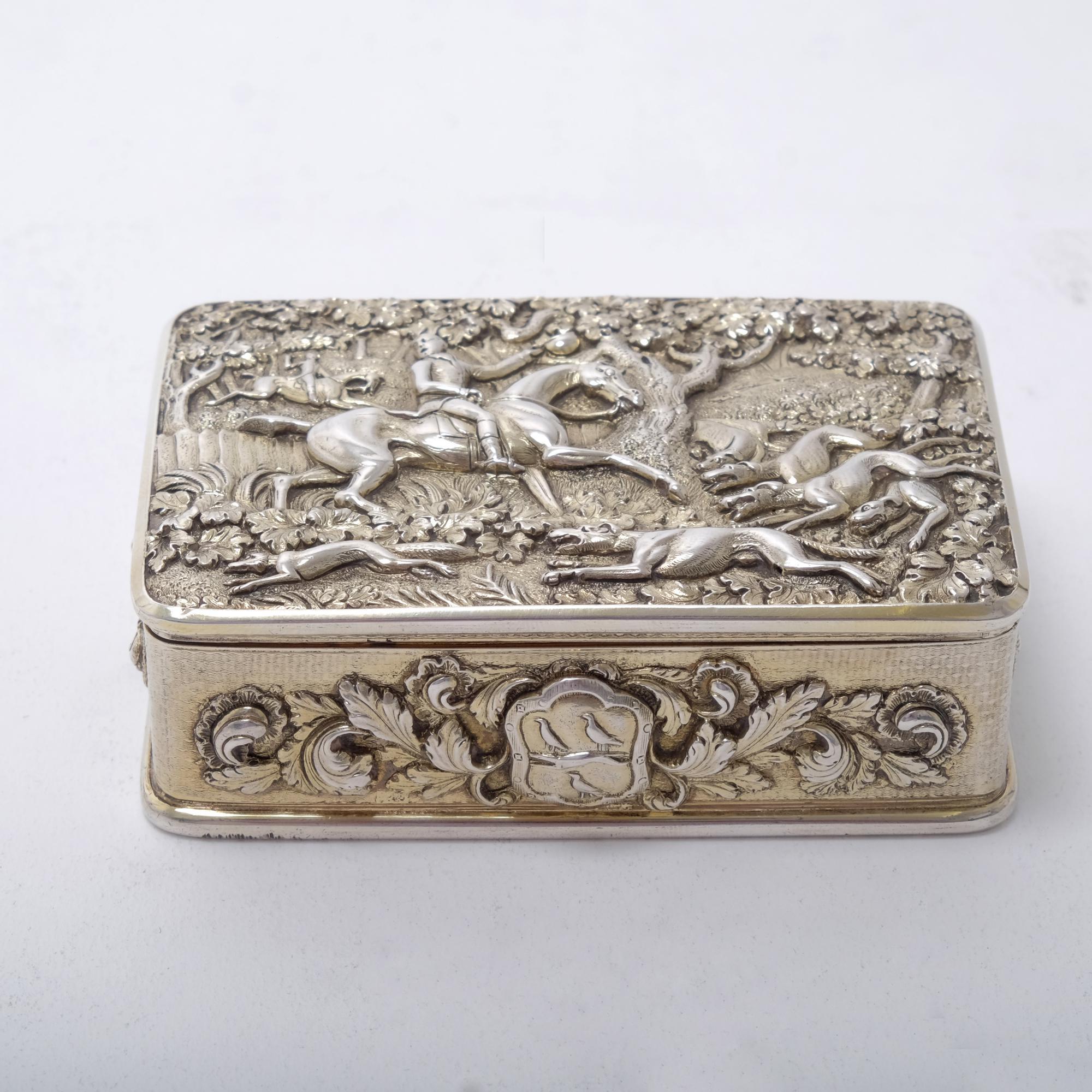 Sterling Silver George III Silver Gilt Snuff Box with Hunting Scene