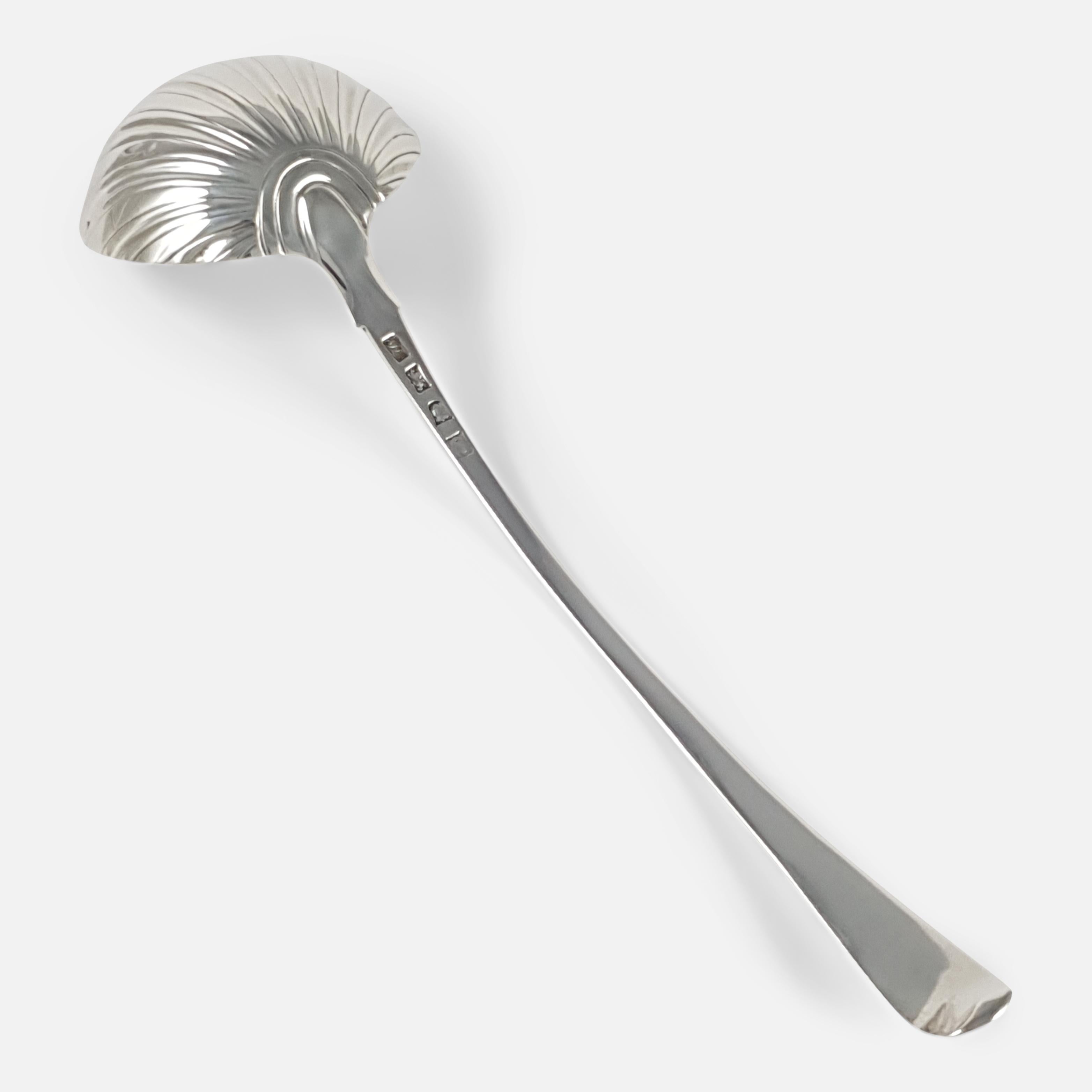 A George III silver Old English pattern soup ladle, with shell bowl by the silversmith John Lampfert, London 1771.

Date: - 1771.

Period: - 18th century.

Engraving: - None.

Maker: - John Lampfert.

Measurement: - The ladle measures 28.5cm and the