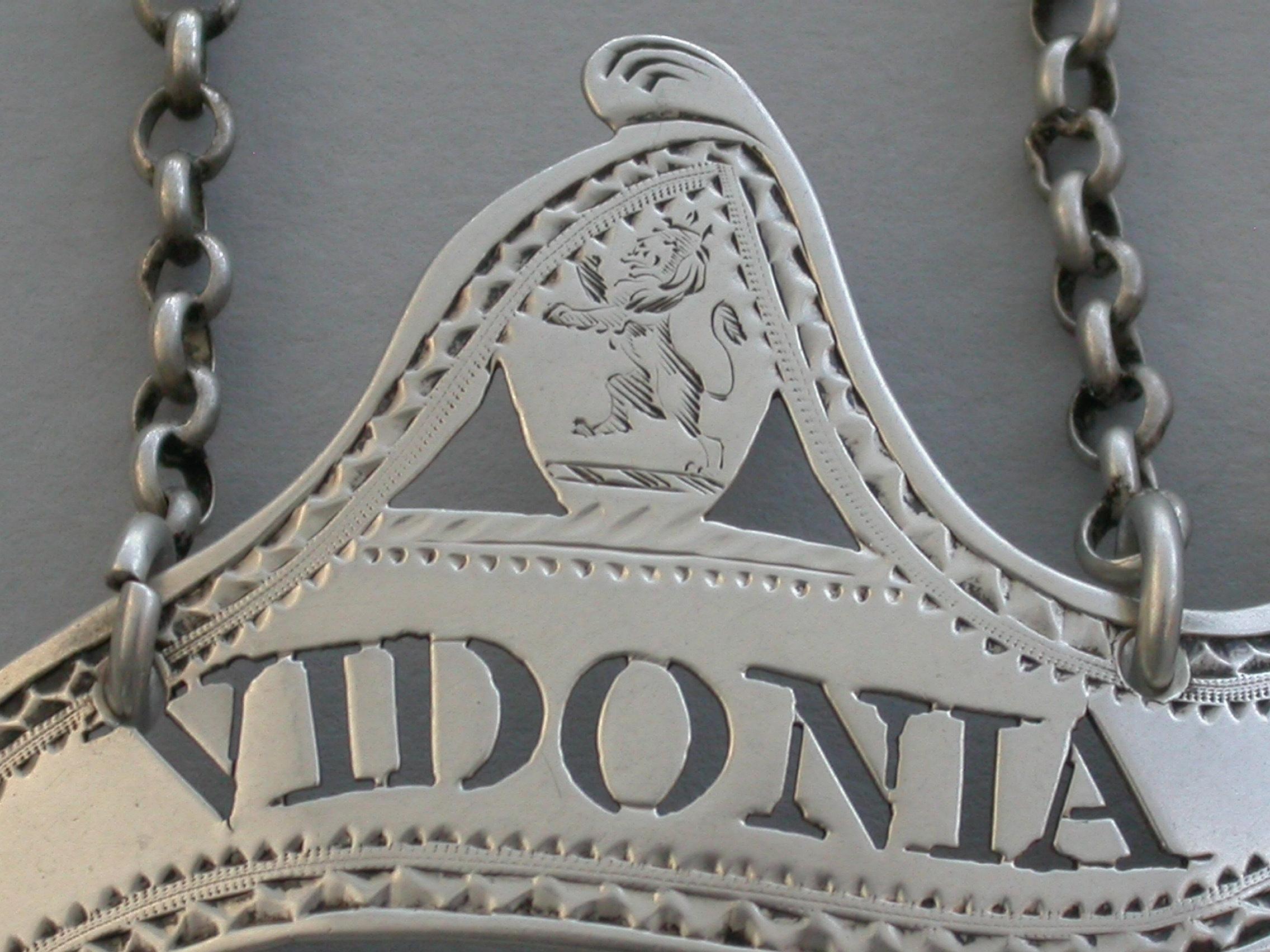 Early 19th Century George III Silver Scroll Wine Label 'Vidonia', by Phipps & Robinson, London