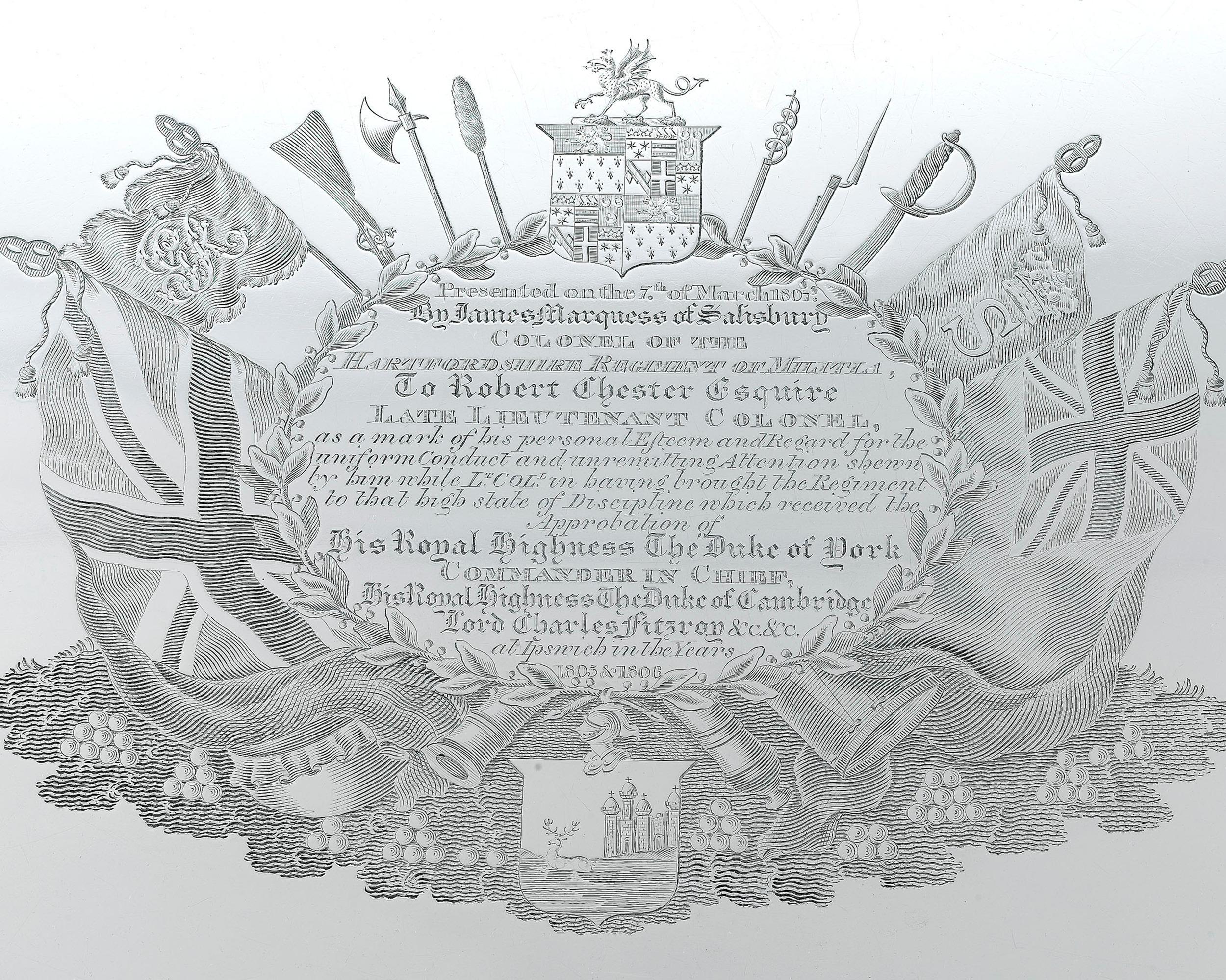 Silbertablett von George III. für Lt. Robert Chester (Englisch) im Angebot