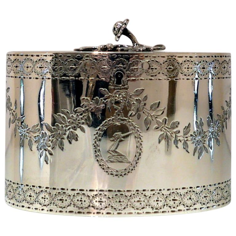 George III Sterling Silver Oval Tea Caddy London 1776 John Carter For Sale