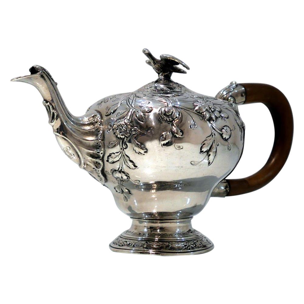 George III Sterling Silver Rococo Teapot London 1763 William & Robert Peaston For Sale