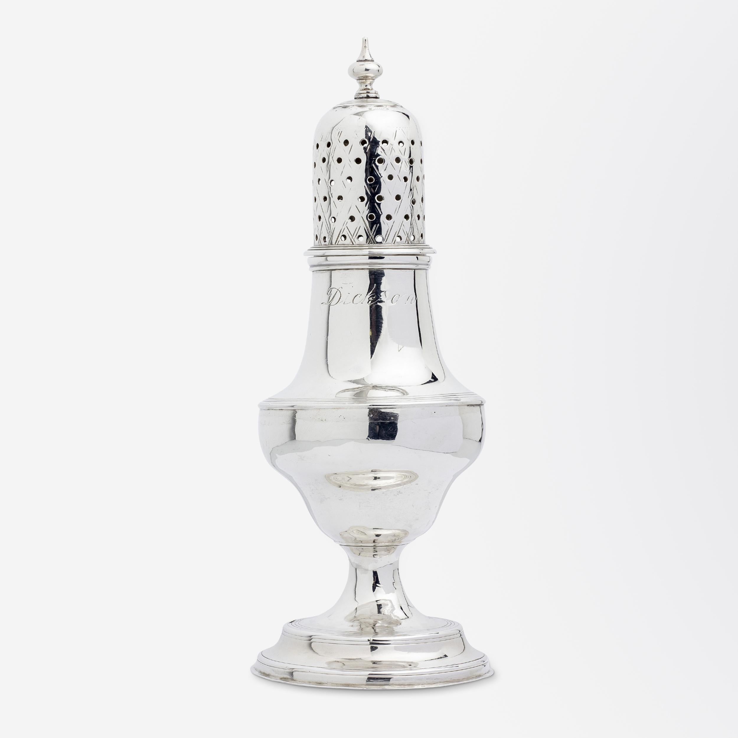 A George III period sterling silver sugar shaker by members of the famed English silversmithing family, The Batemans. Although slightly rubbed, the hallmarks indicate manufacture from London in 1808 by Hester Bateman's son Peter and grandson William