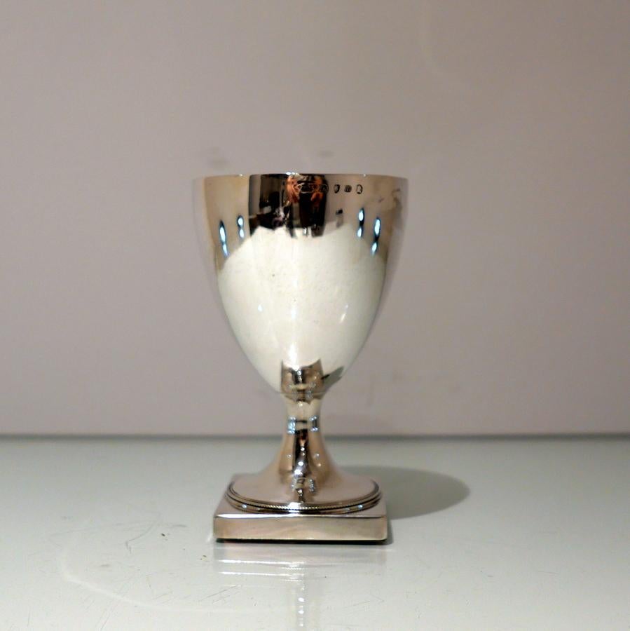 A highly collectable Hester Bateman silver wine goblet decorated with a delightful contemporary engraved armorial. The bowl sits on a stylish square raised pedestal foot.

 Weight: 7.5 troy ounces/235 grams

Measures: Height 6.29