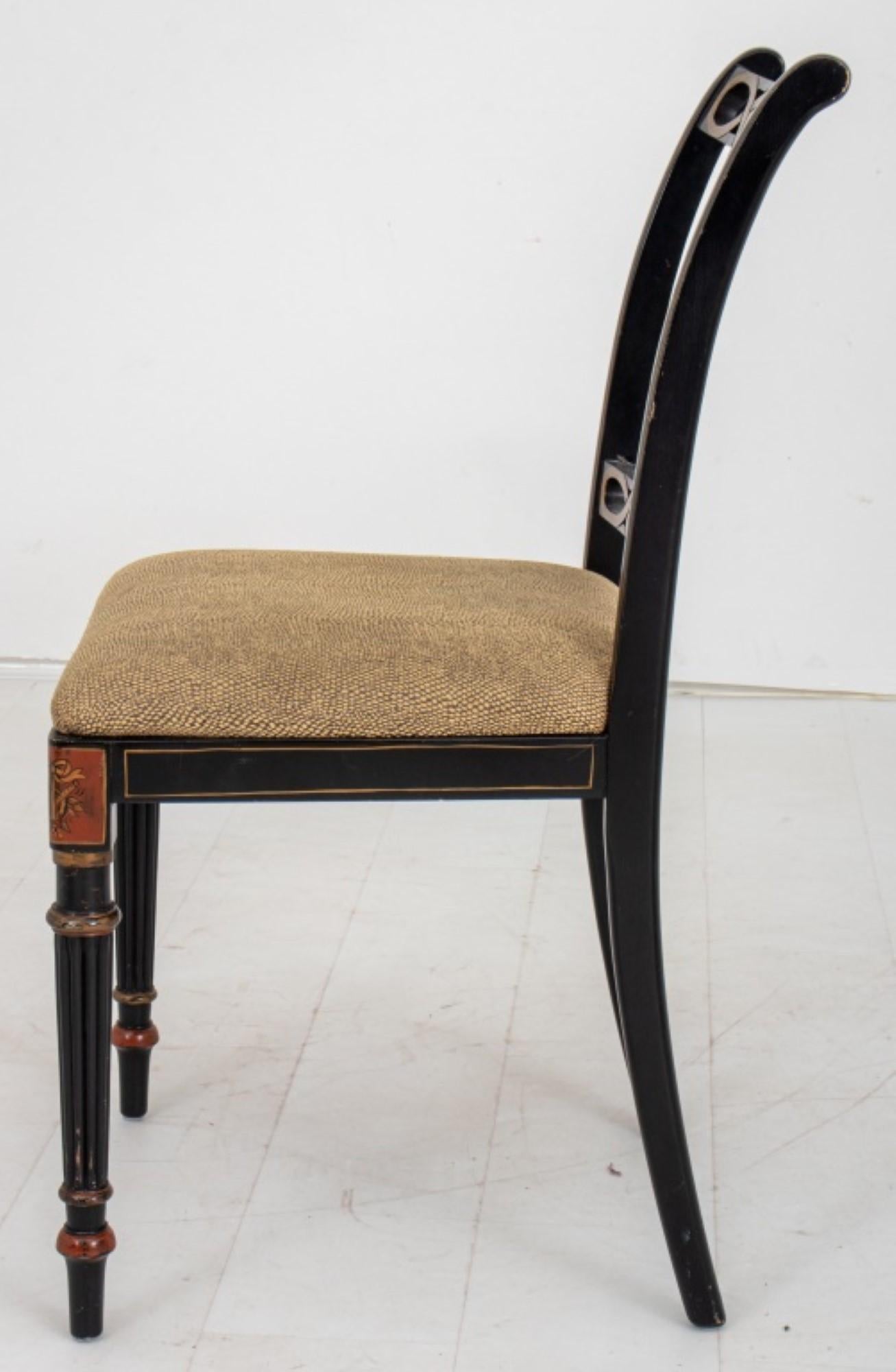 The dimensions for the George III style black and gold japanned side chair, with a ribbon back above a drop-in seat upholstered in python-patterned textile on turned legs.

Dealer: S138XX


