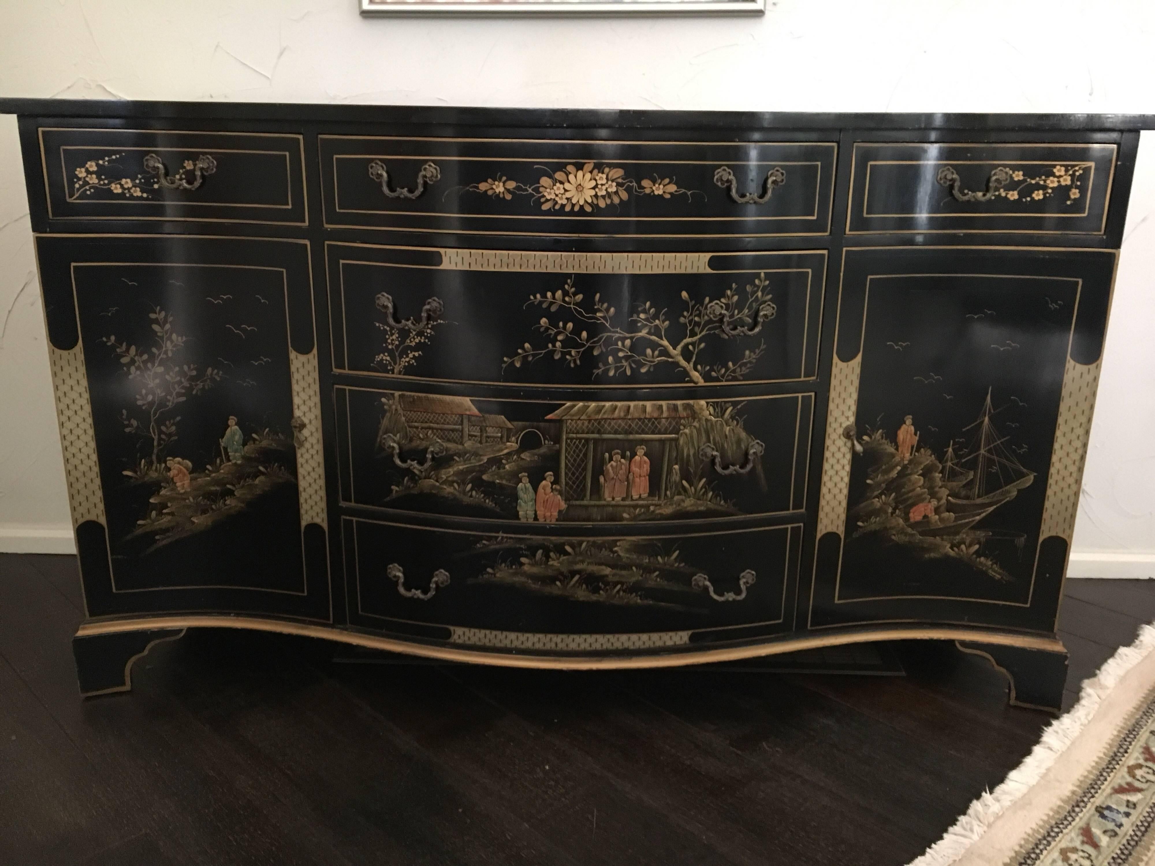 George III Style Black Japanned Chinoiserie Buffet Server Sideboard In Good Condition In West Hartford, CT