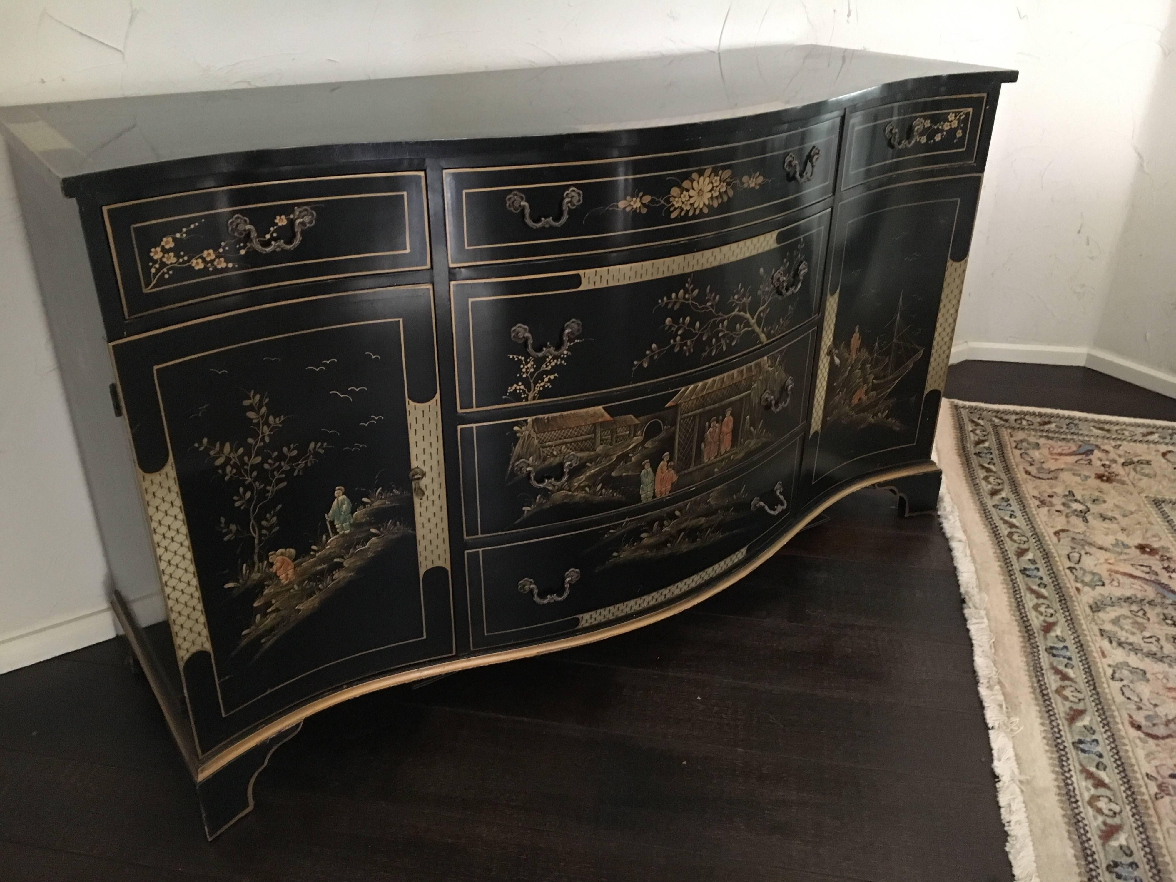Mid-20th Century George III Style Black Japanned Chinoiserie Buffet Server Sideboard