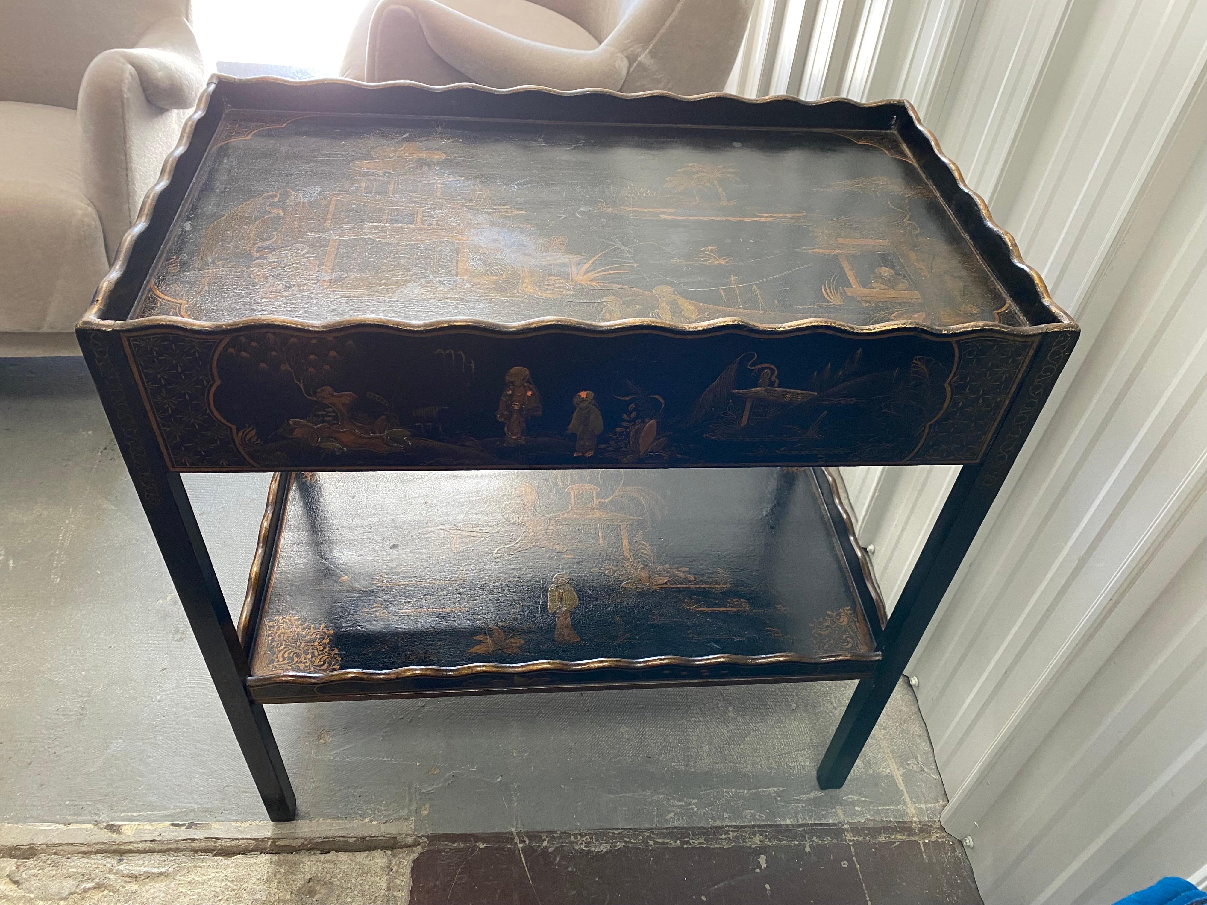 George III Style Black Lacquer Japanned Tea Table with Drawer For Sale 14