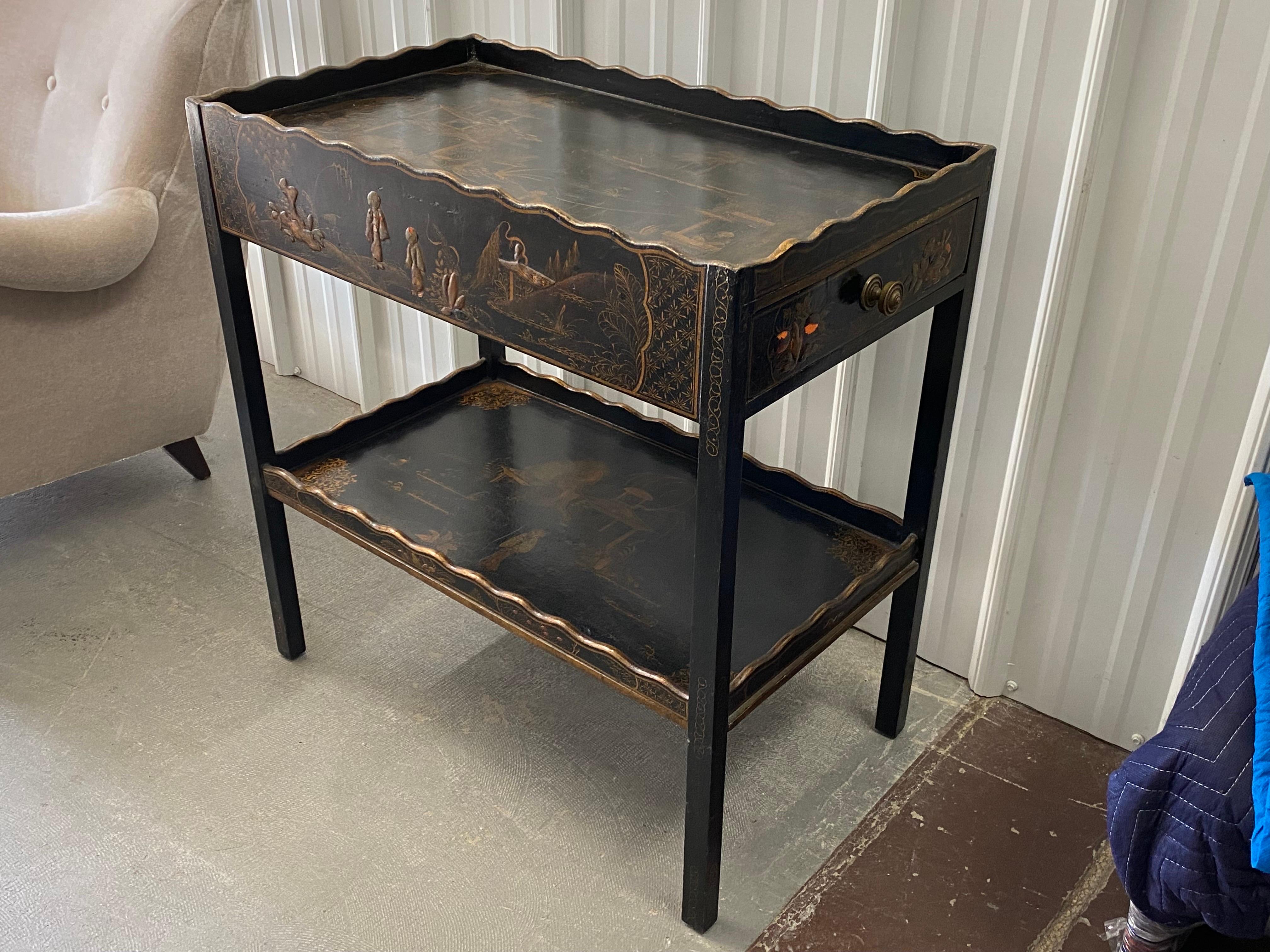 English George III Style Black Lacquer Japanned Tea Table with Drawer