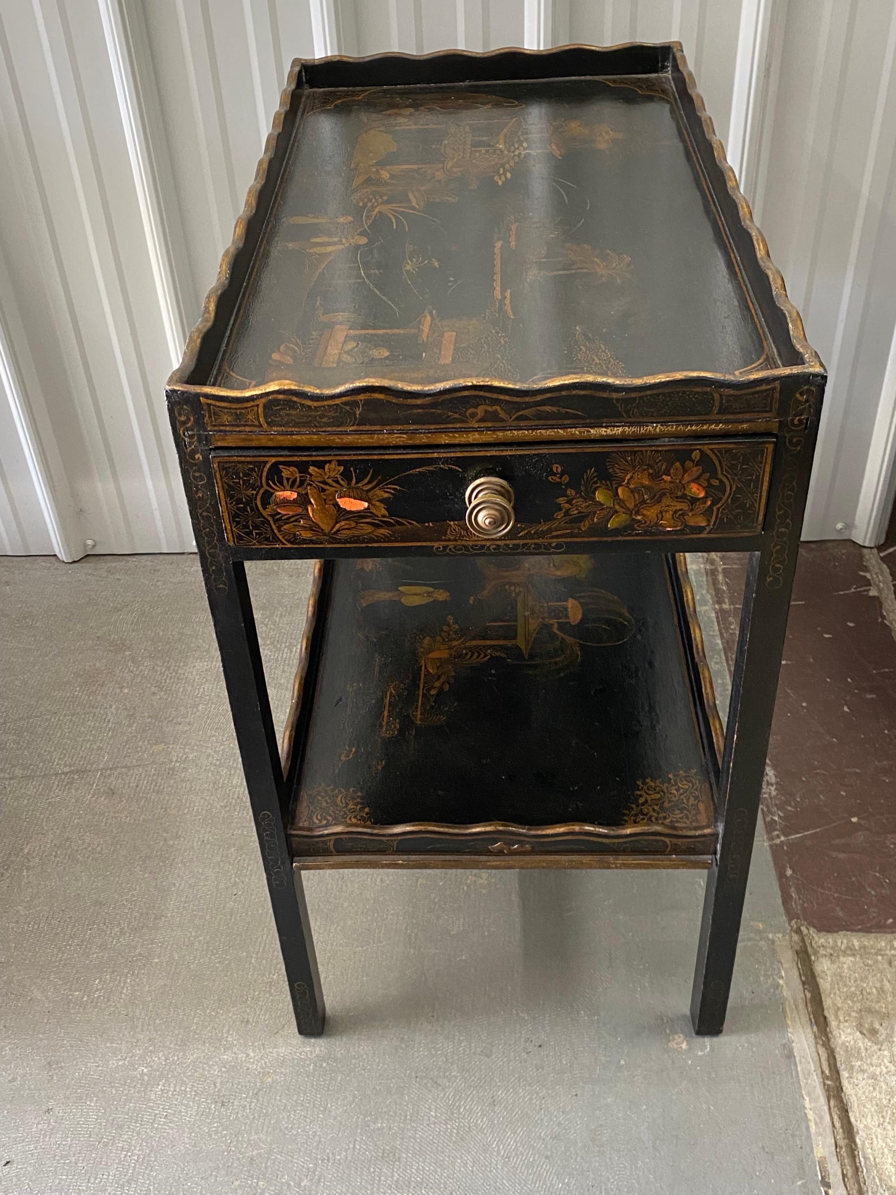 George III Style Black Lacquer Japanned Tea Table with Drawer In Good Condition For Sale In Southampton, NY