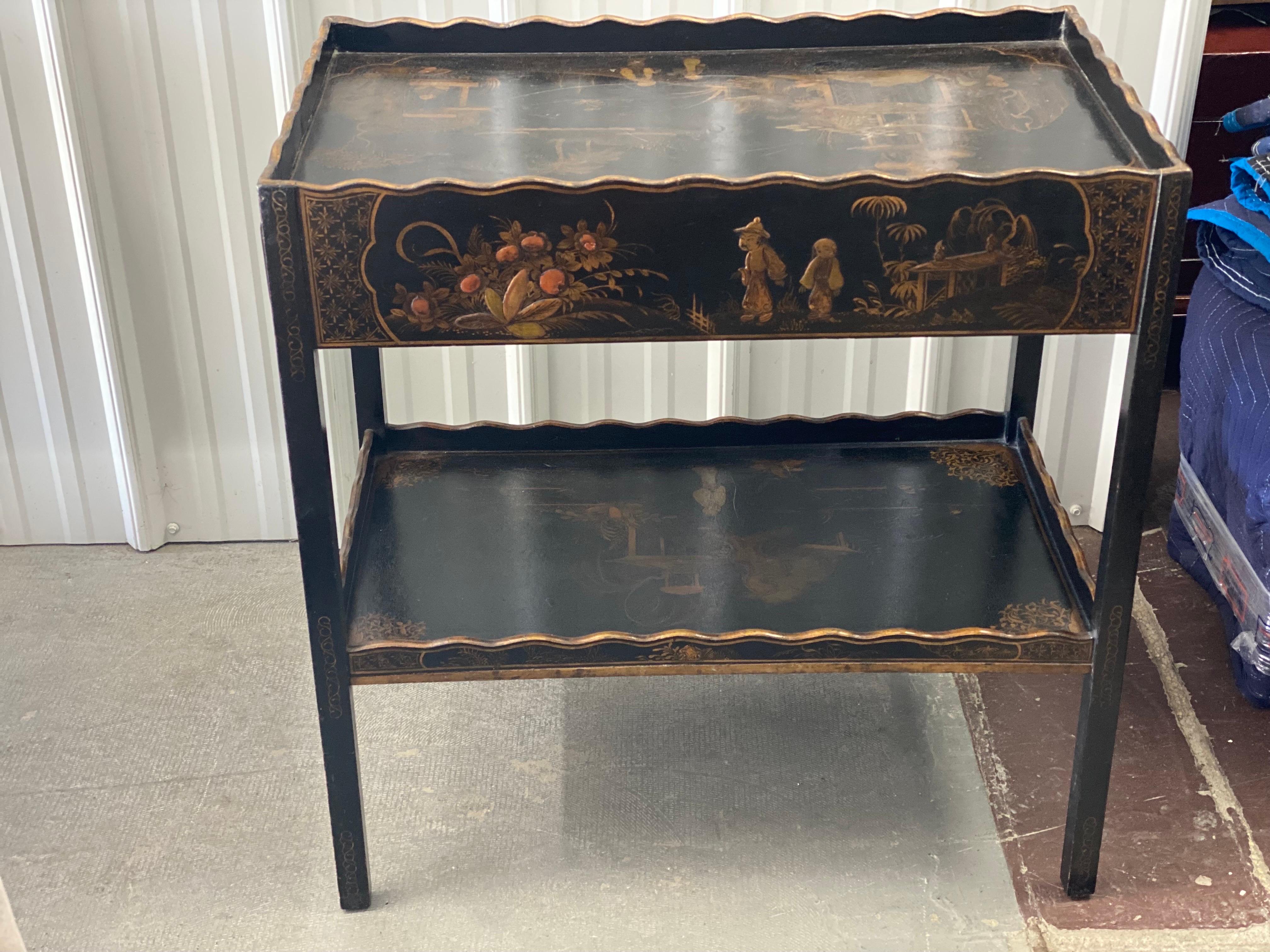 19th Century George III Style Black Lacquer Japanned Tea Table with Drawer