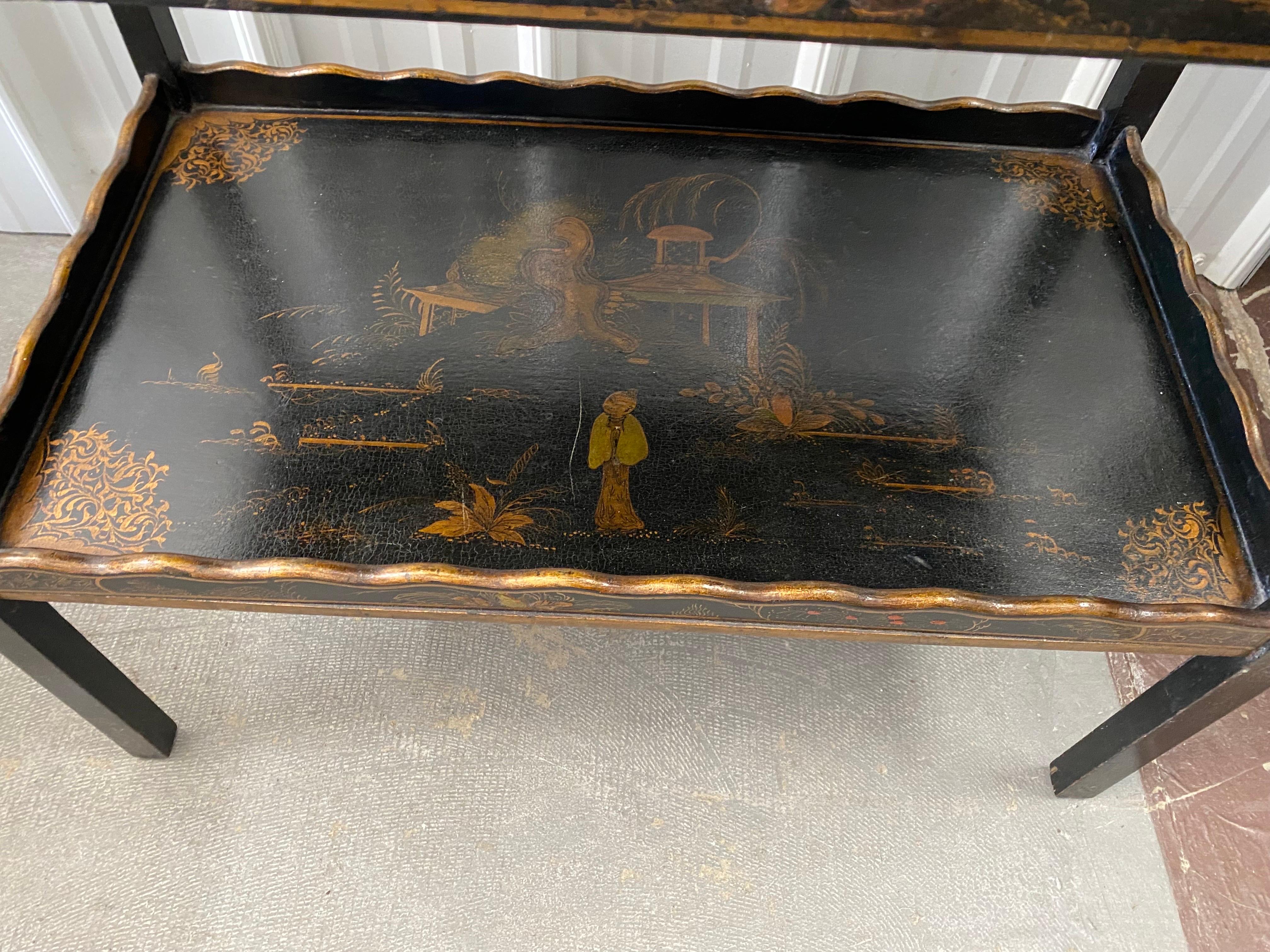 Wood George III Style Black Lacquer Japanned Tea Table with Drawer For Sale