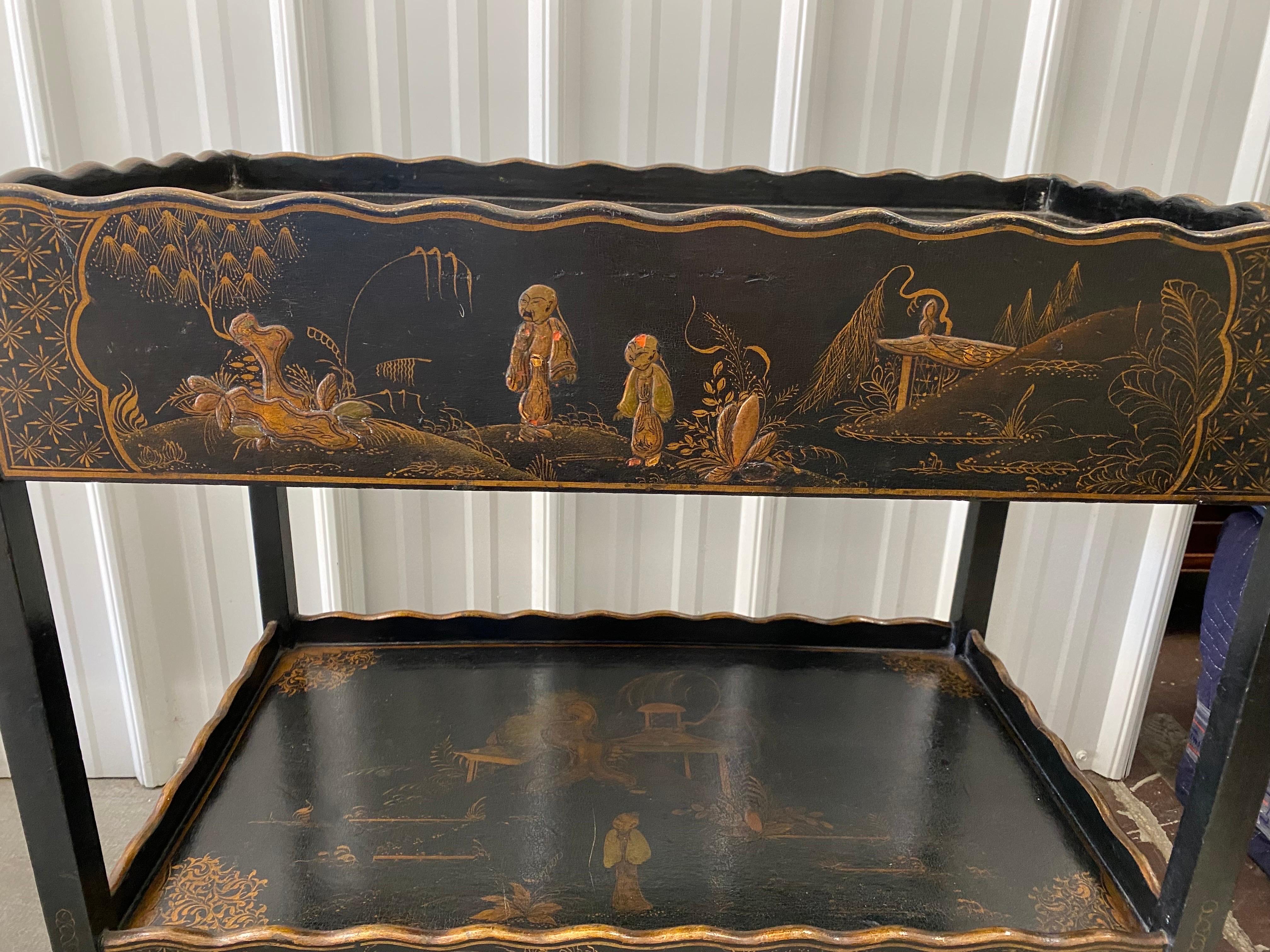 George III Style Black Lacquer Japanned Tea Table with Drawer 1