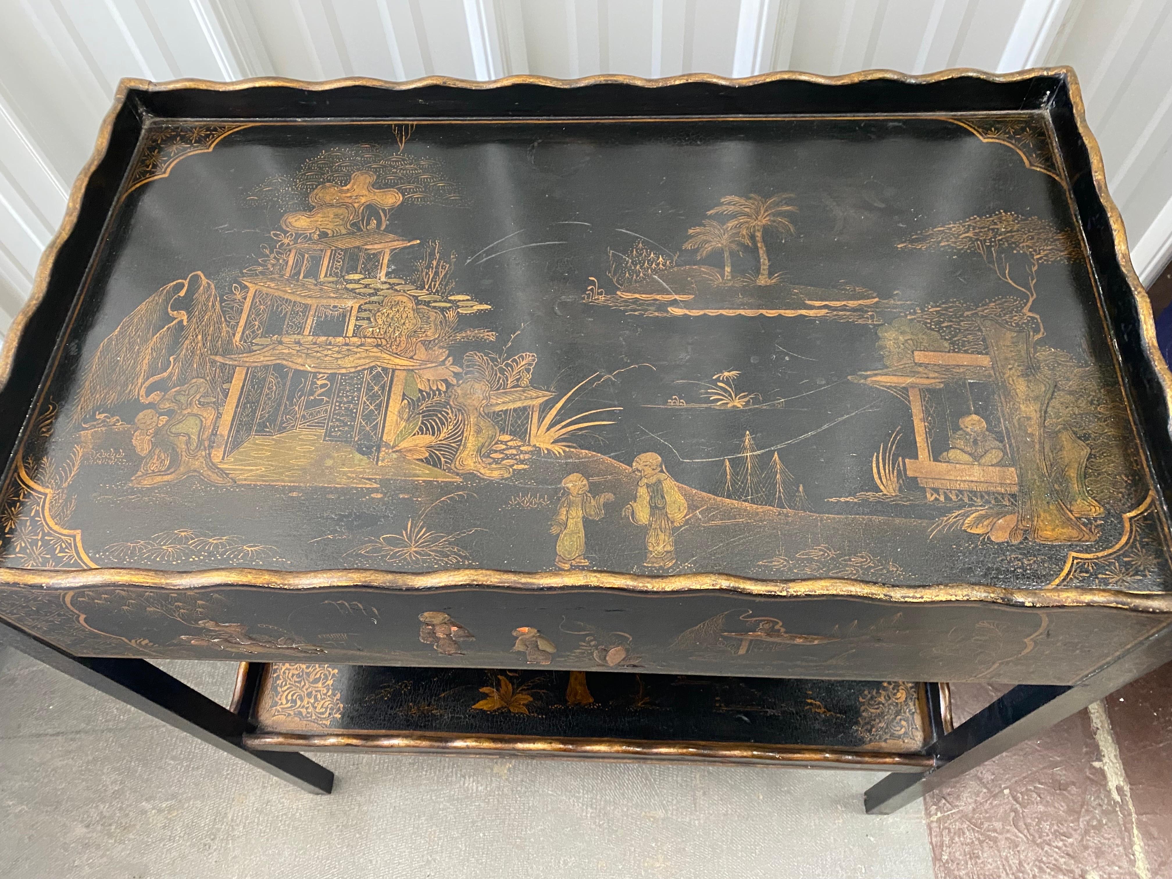 George III Style Black Lacquer Japanned Tea Table with Drawer For Sale 2