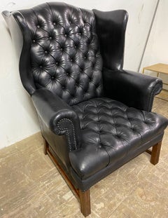 George III Style Black Leather Chesterfield Tufted Wing Chair