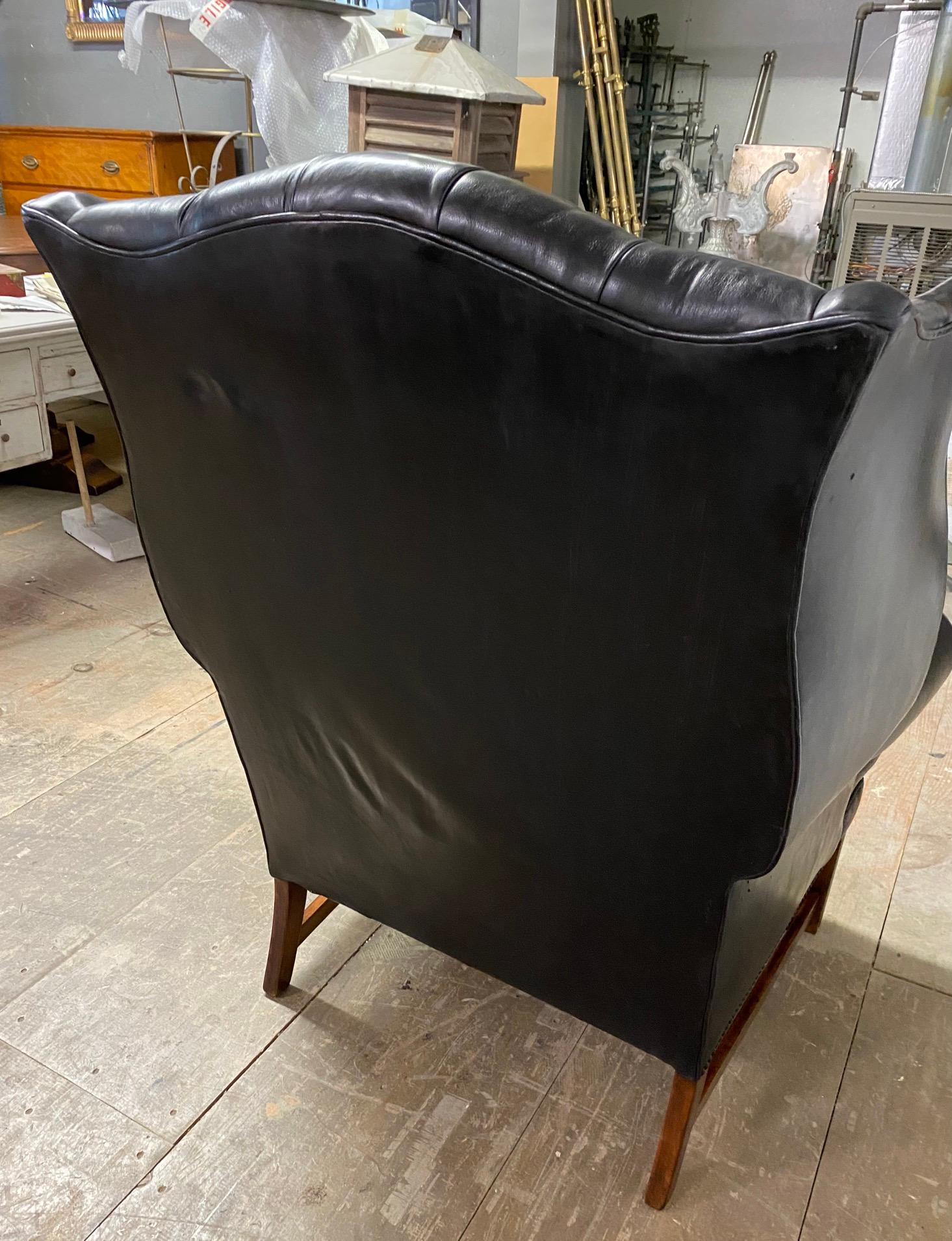 George III Style Black Leather Chesterfield Tufted Wing Chair In Good Condition In Sheffield, MA
