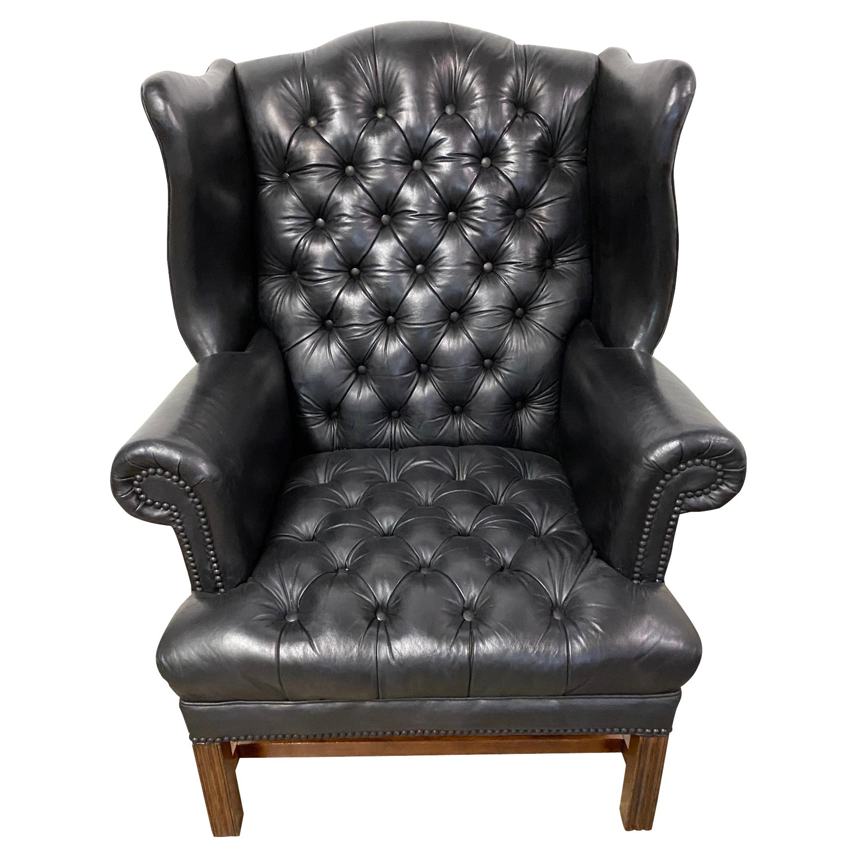 George III Style Black Leather Chesterfield Tufted Wing Chair