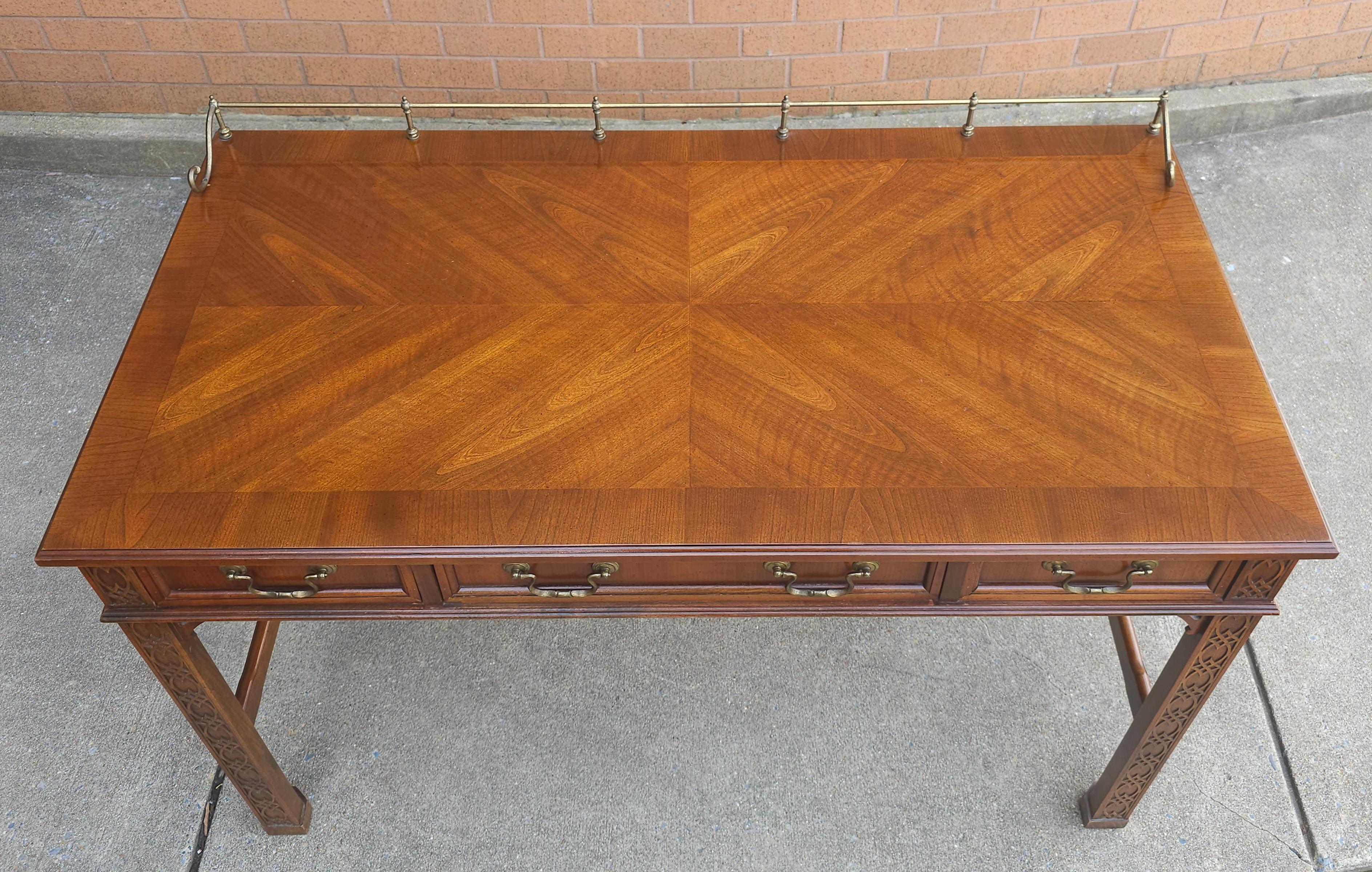 American George III Style Blind Fretwork Mahogany Table Desk w/ Gallery For Sale