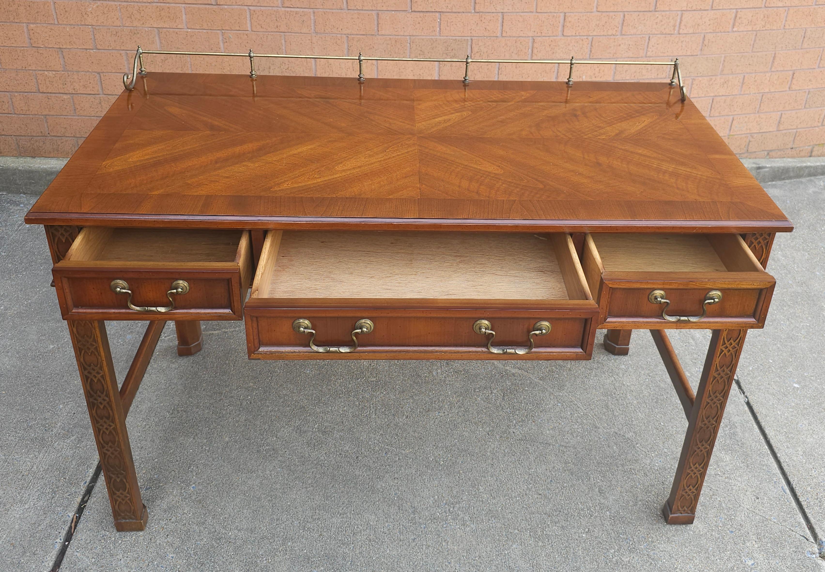 George III Style Blind Fretwork Mahogany Table Desk w/ Gallery In Good Condition For Sale In Germantown, MD